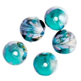 12mm Green with Light Blue and Purple Swirled Glass Round Beads (5 Pieces)