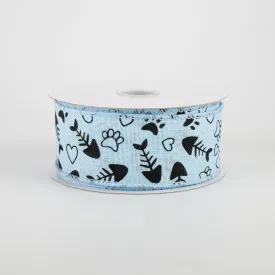 1.5" Cat Treat, Paw, Heart Ribbon: Light Blue (10 Yards)
