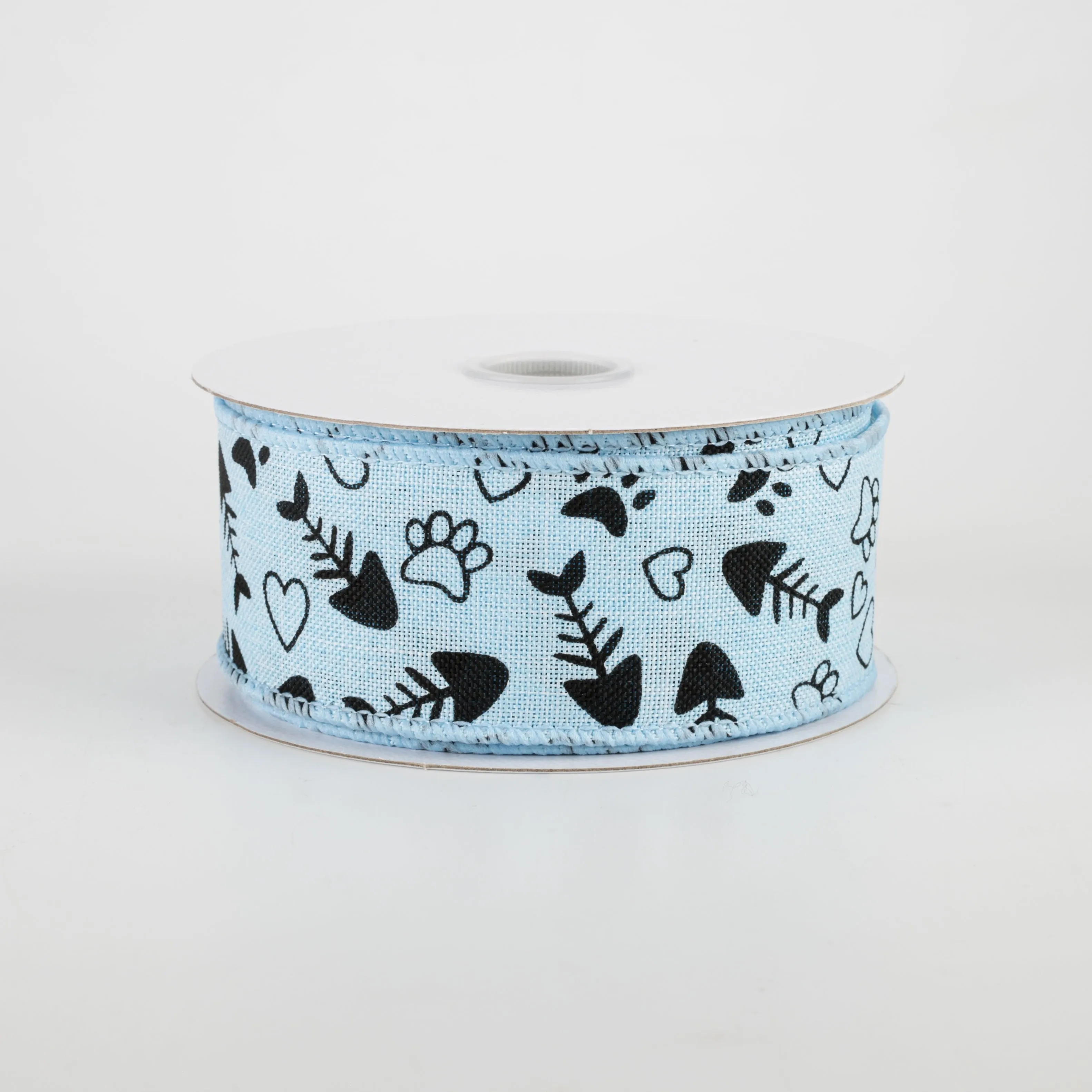 1.5" Cat Treat, Paw, Heart Ribbon: Light Blue (10 Yards)
