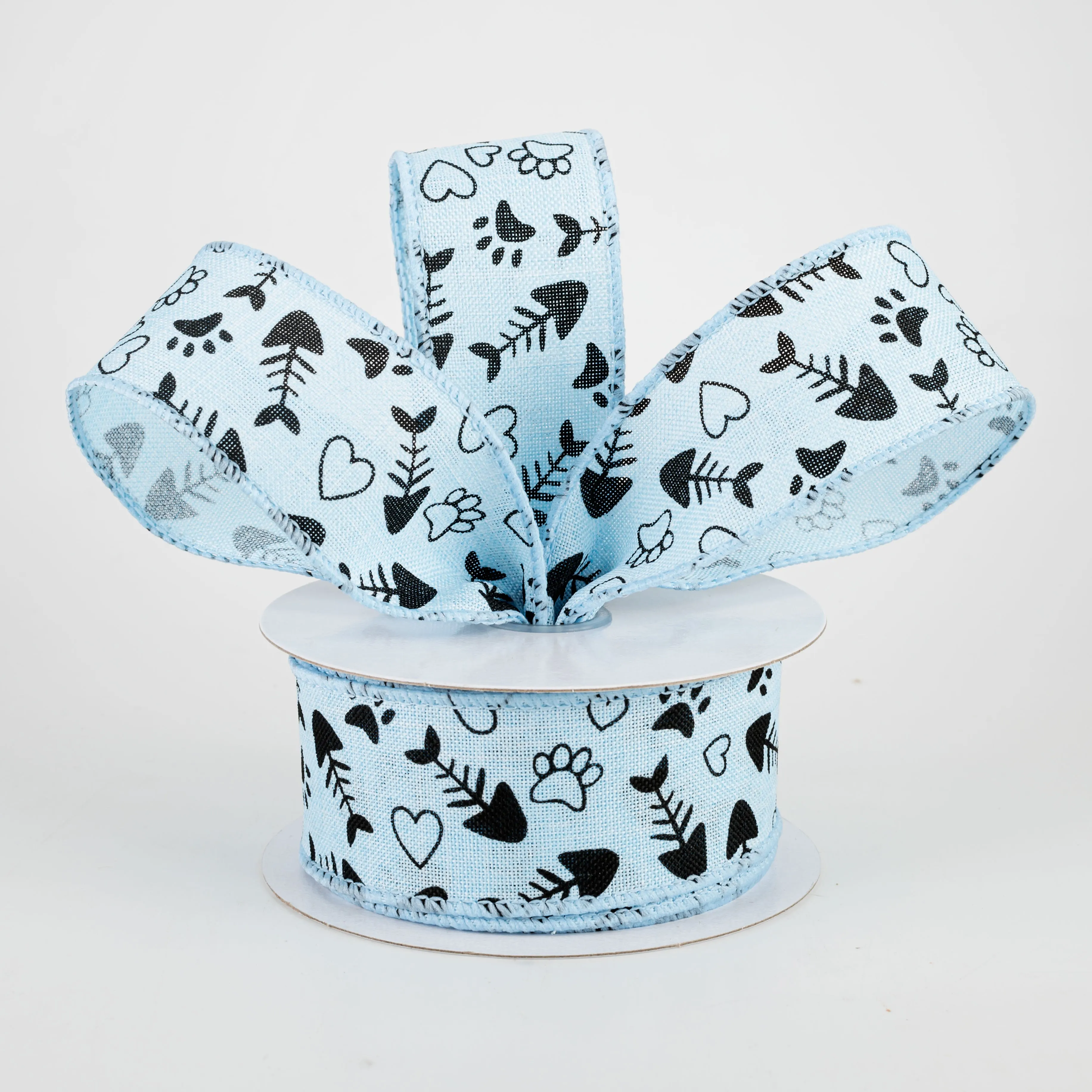 1.5" Cat Treat, Paw, Heart Ribbon: Light Blue (10 Yards)