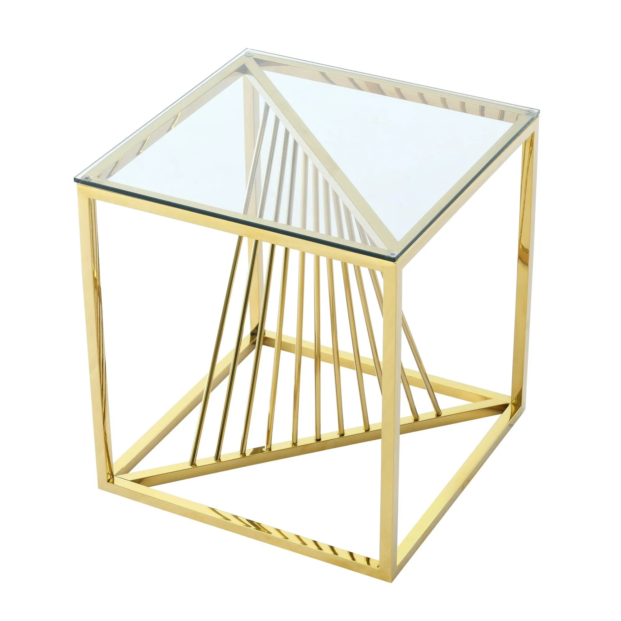 20 Inch Modern Glass Gold Accent Table with Geometric Metal Frame
