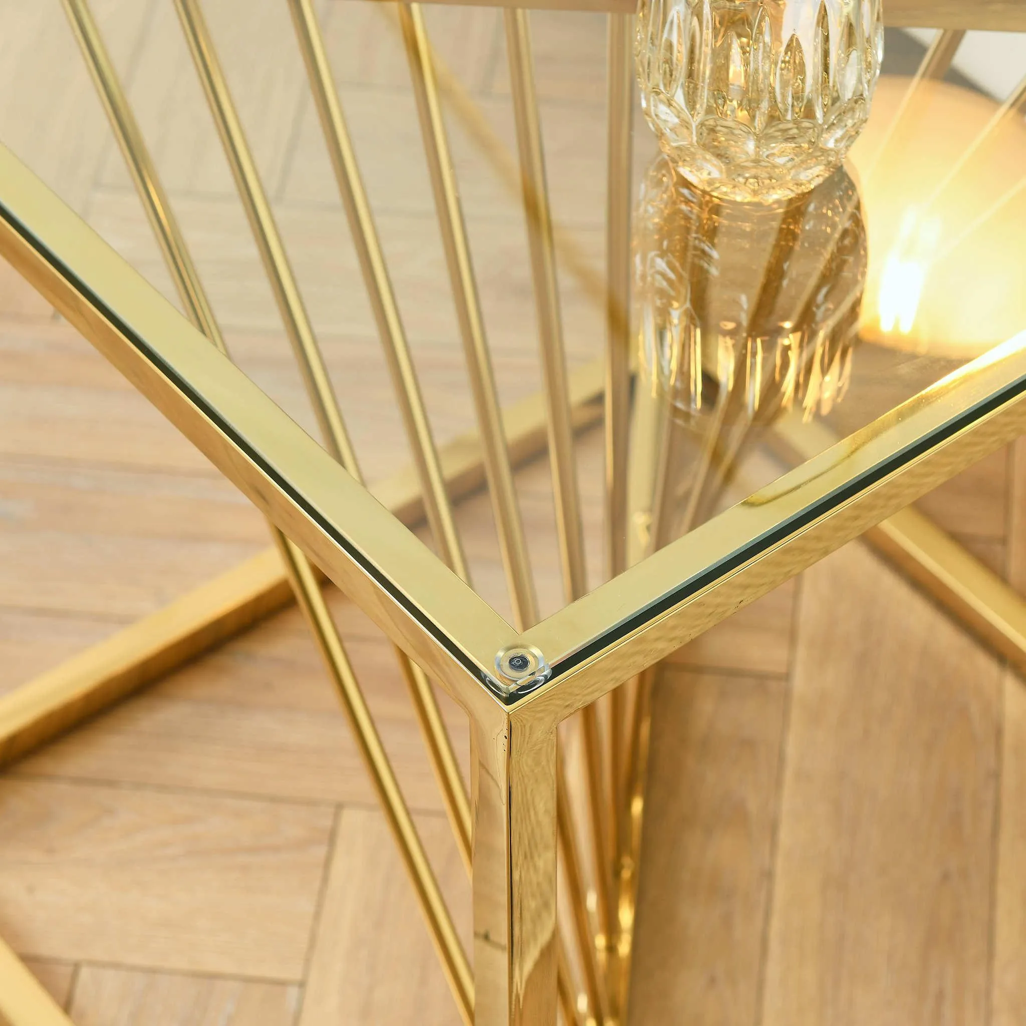 20 Inch Modern Glass Gold Accent Table with Geometric Metal Frame