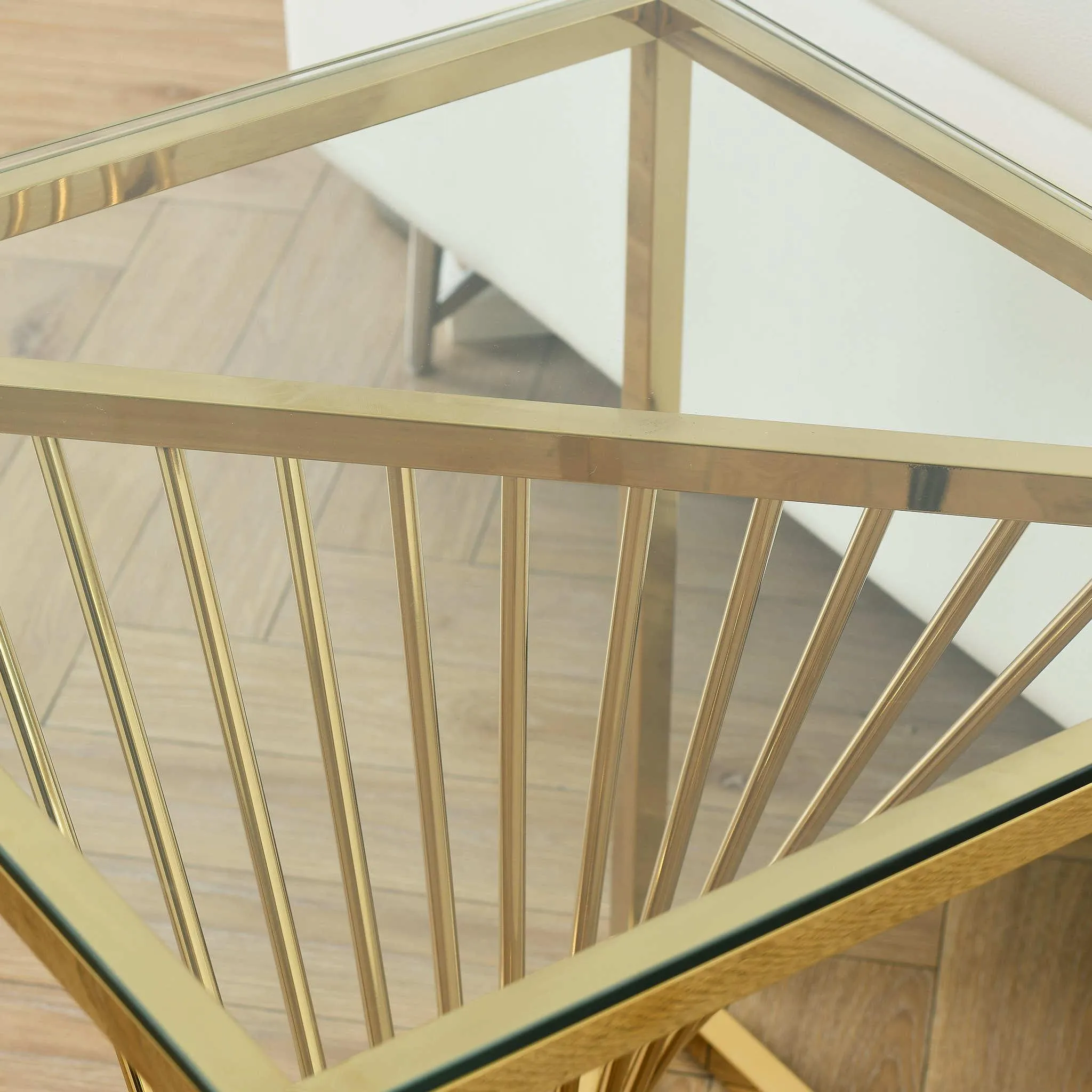 20 Inch Modern Glass Gold Accent Table with Geometric Metal Frame