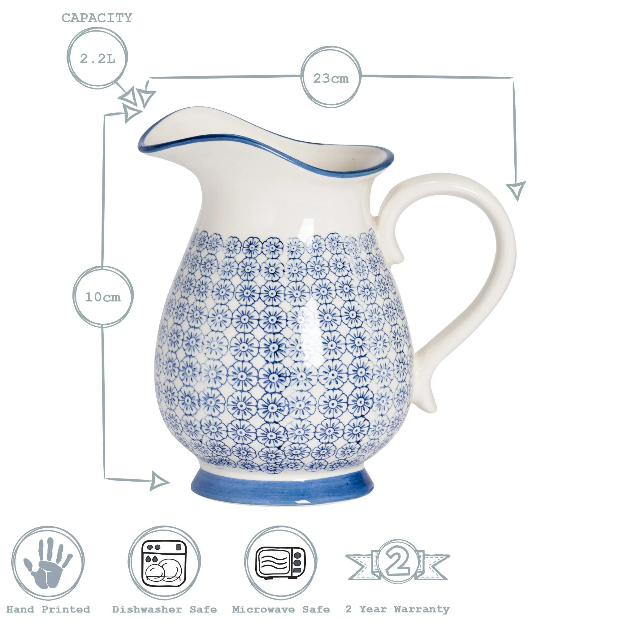 2.2L Navy Hand Printed Stoneware Jug - By Nicola Spring
