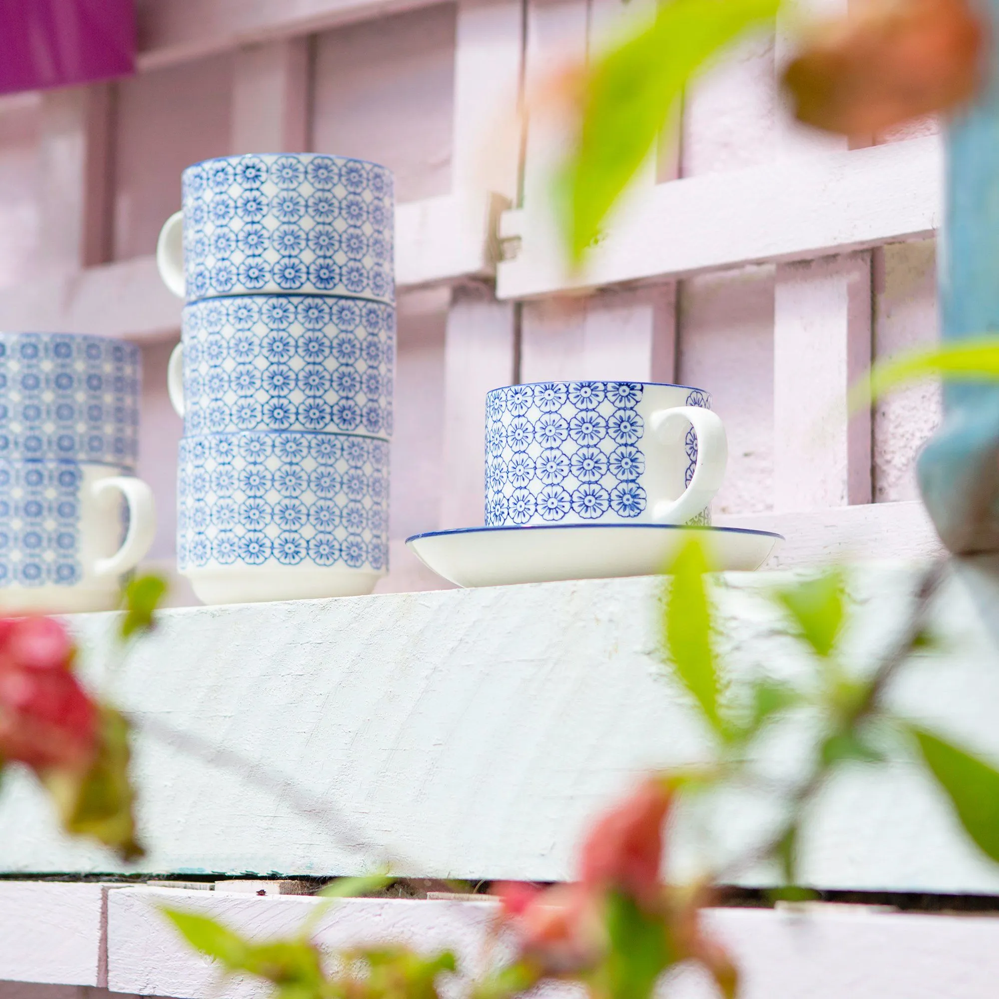 260ml Hand Printed Stoneware Stacking Teacups - Pack of Six - By Nicola Spring