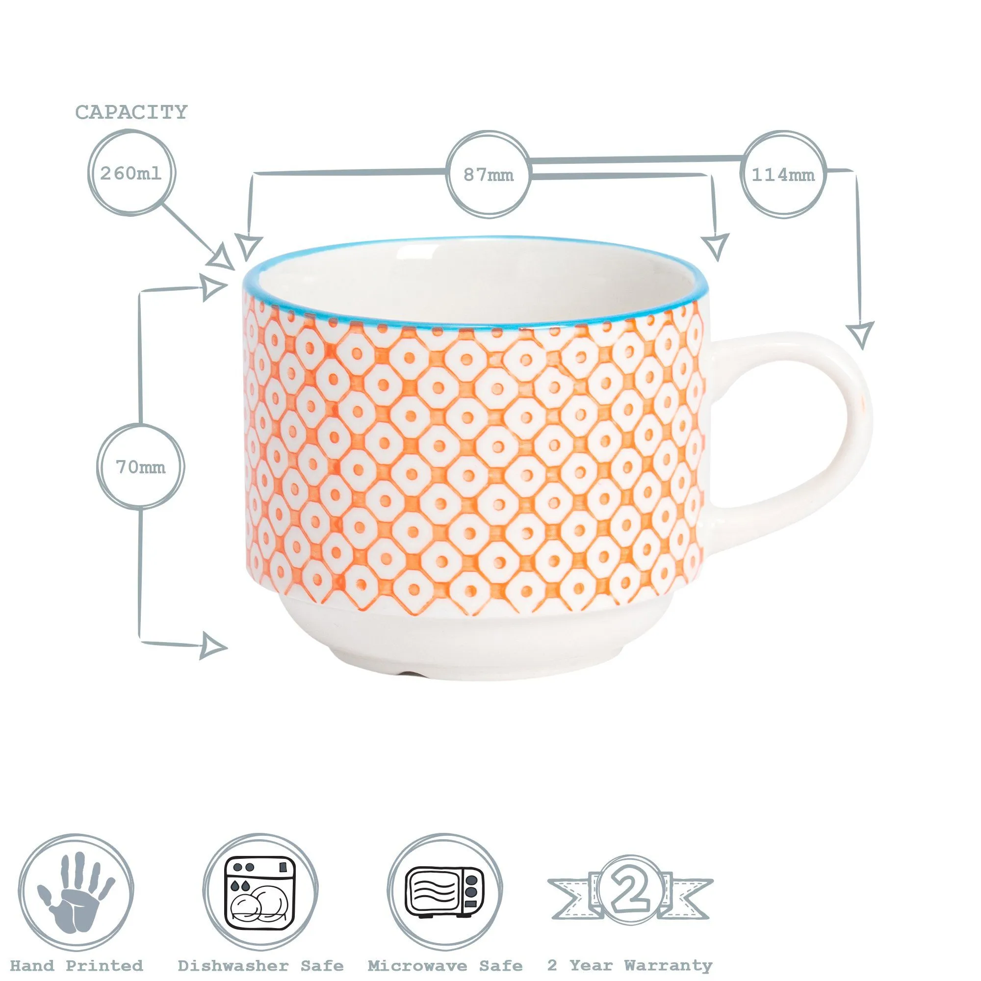 260ml Hand Printed Stoneware Stacking Teacups - Pack of Six - By Nicola Spring
