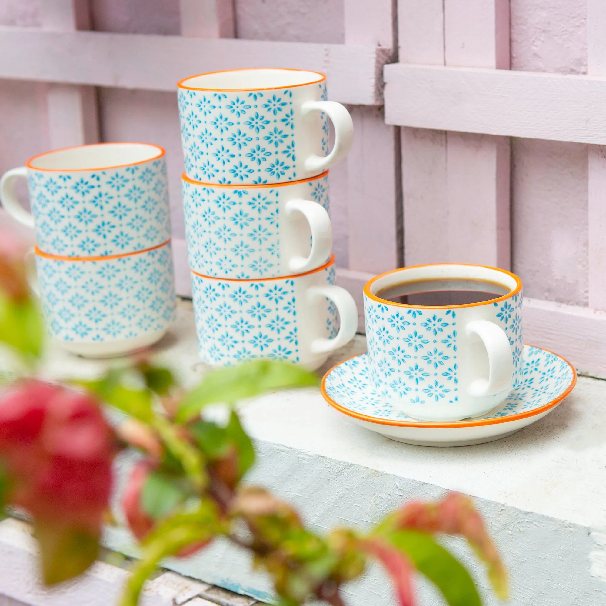 260ml Hand Printed Stoneware Stacking Teacups - Pack of Six - By Nicola Spring
