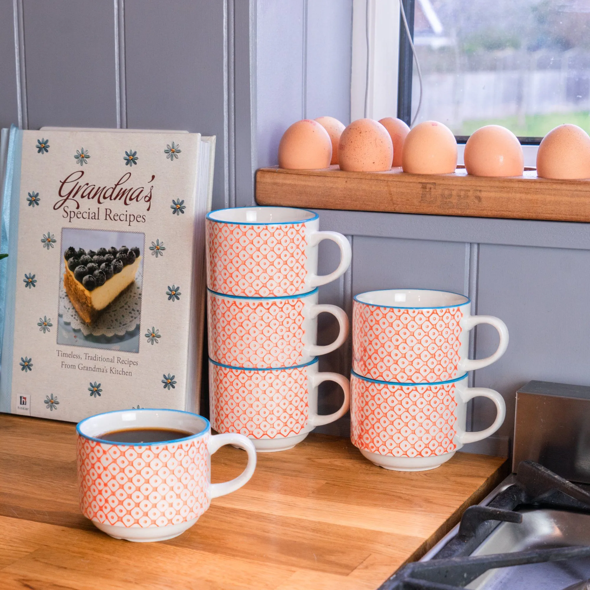 260ml Hand Printed Stoneware Stacking Teacups - Pack of Six - By Nicola Spring