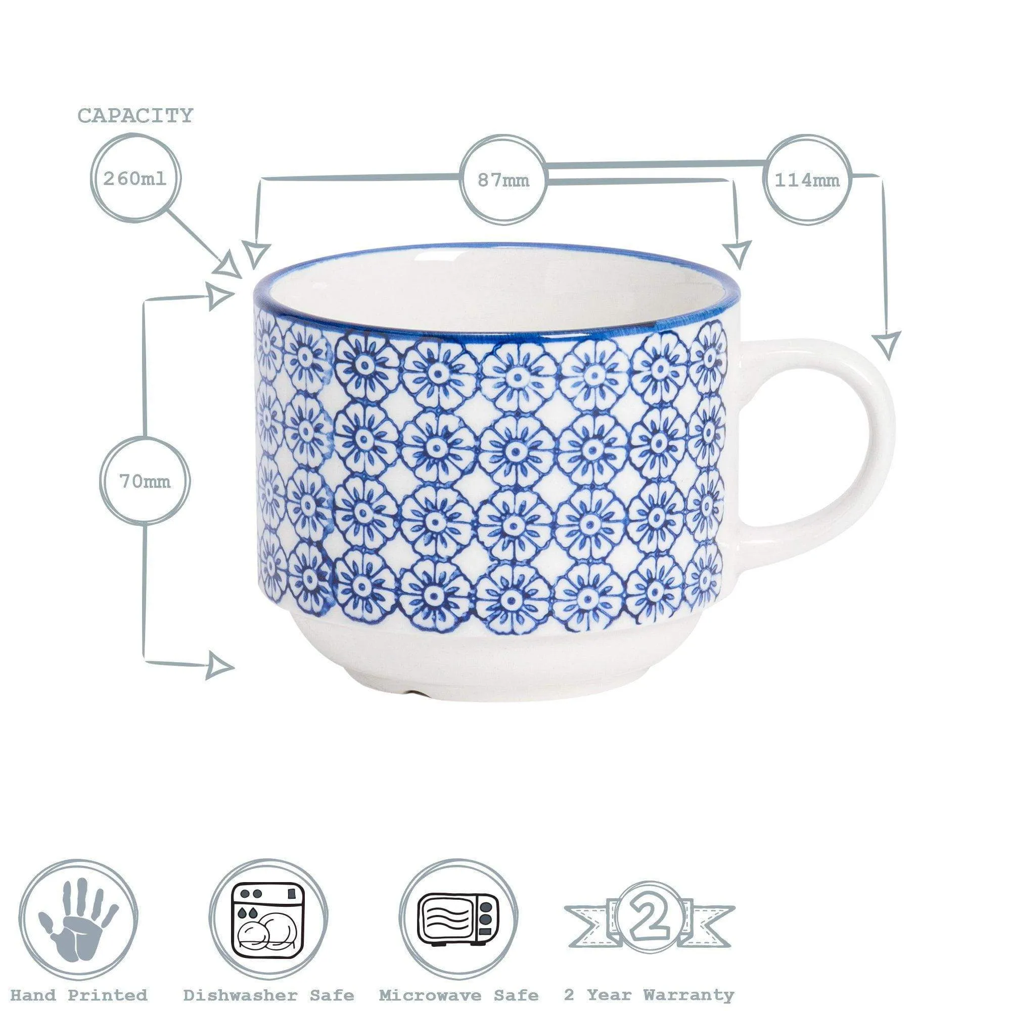 260ml Hand Printed Stoneware Stacking Teacups - Pack of Six - By Nicola Spring