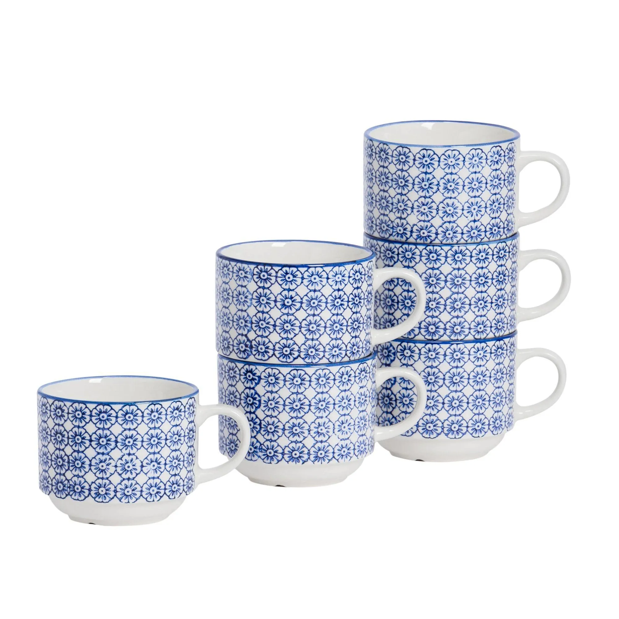 260ml Hand Printed Stoneware Stacking Teacups - Pack of Six - By Nicola Spring
