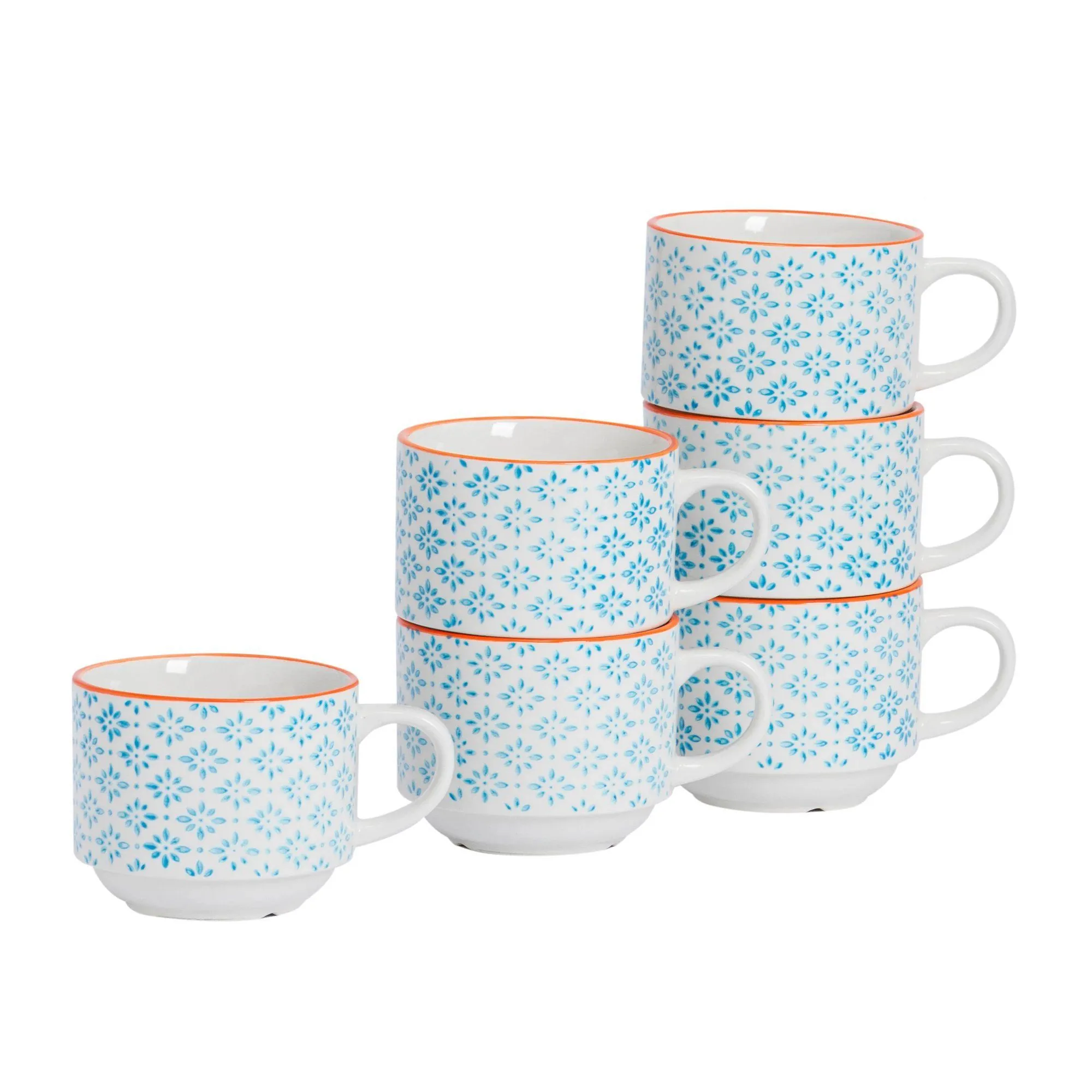 260ml Hand Printed Stoneware Stacking Teacups - Pack of Six - By Nicola Spring