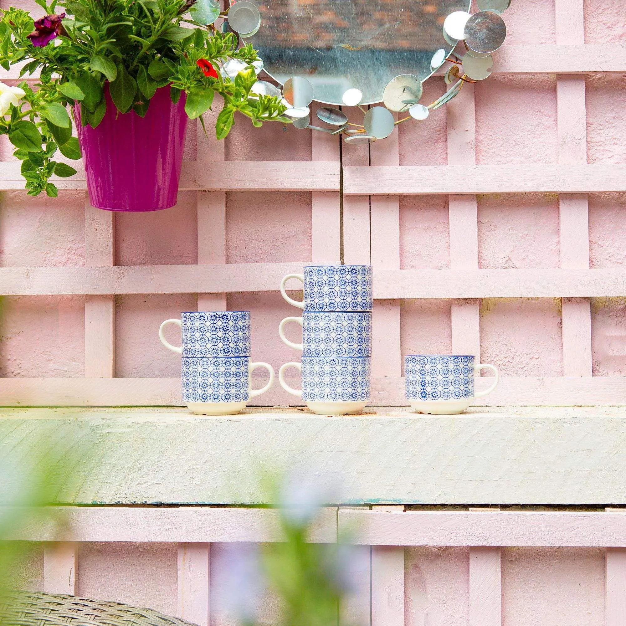 260ml Hand Printed Stoneware Stacking Teacups - Pack of Six - By Nicola Spring