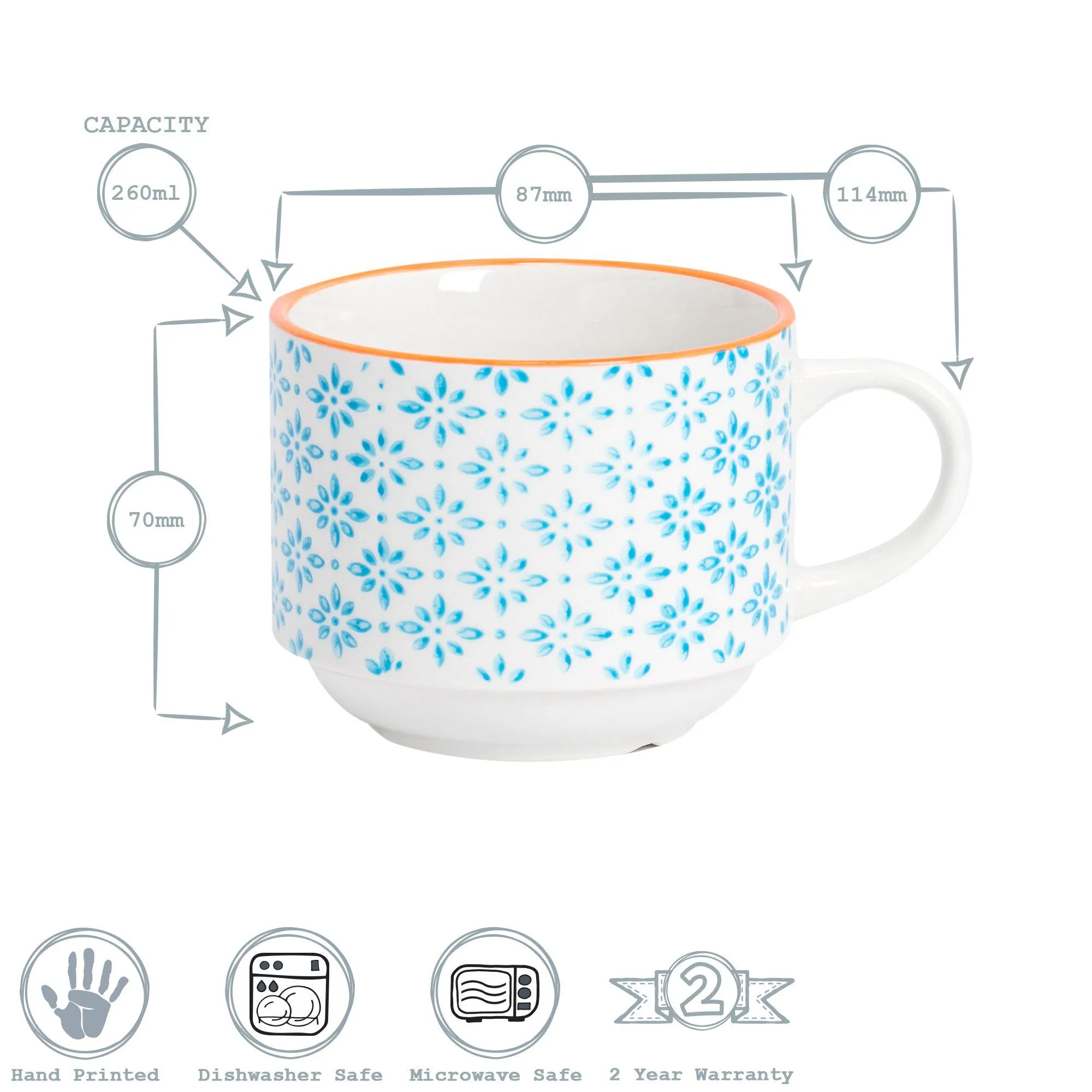 260ml Hand Printed Stoneware Stacking Teacups - Pack of Six - By Nicola Spring