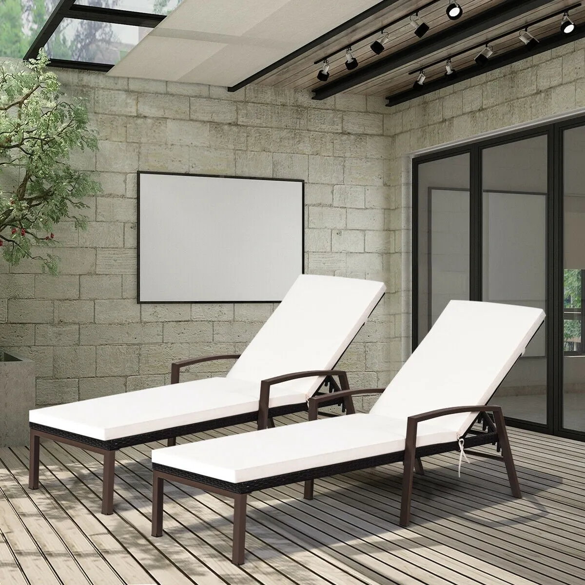 2pc Adjustable Wicker Rattan Patio Chaise Lounge Chair - White