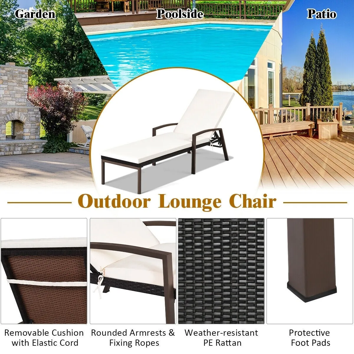 2pc Adjustable Wicker Rattan Patio Chaise Lounge Chair - White