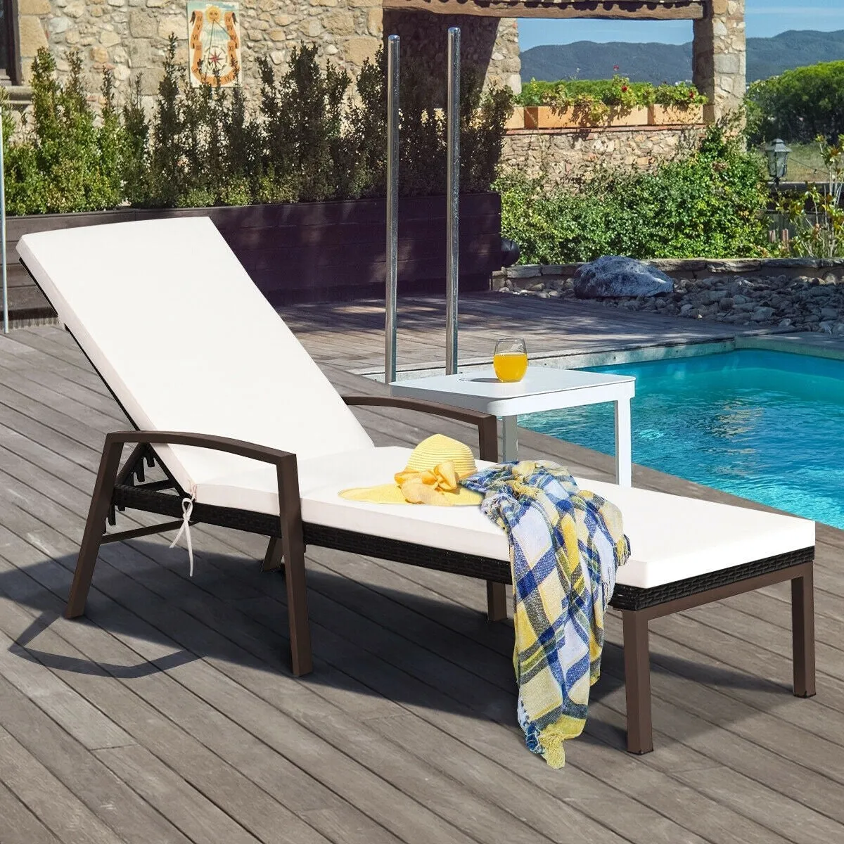 2pc Adjustable Wicker Rattan Patio Chaise Lounge Chair - White