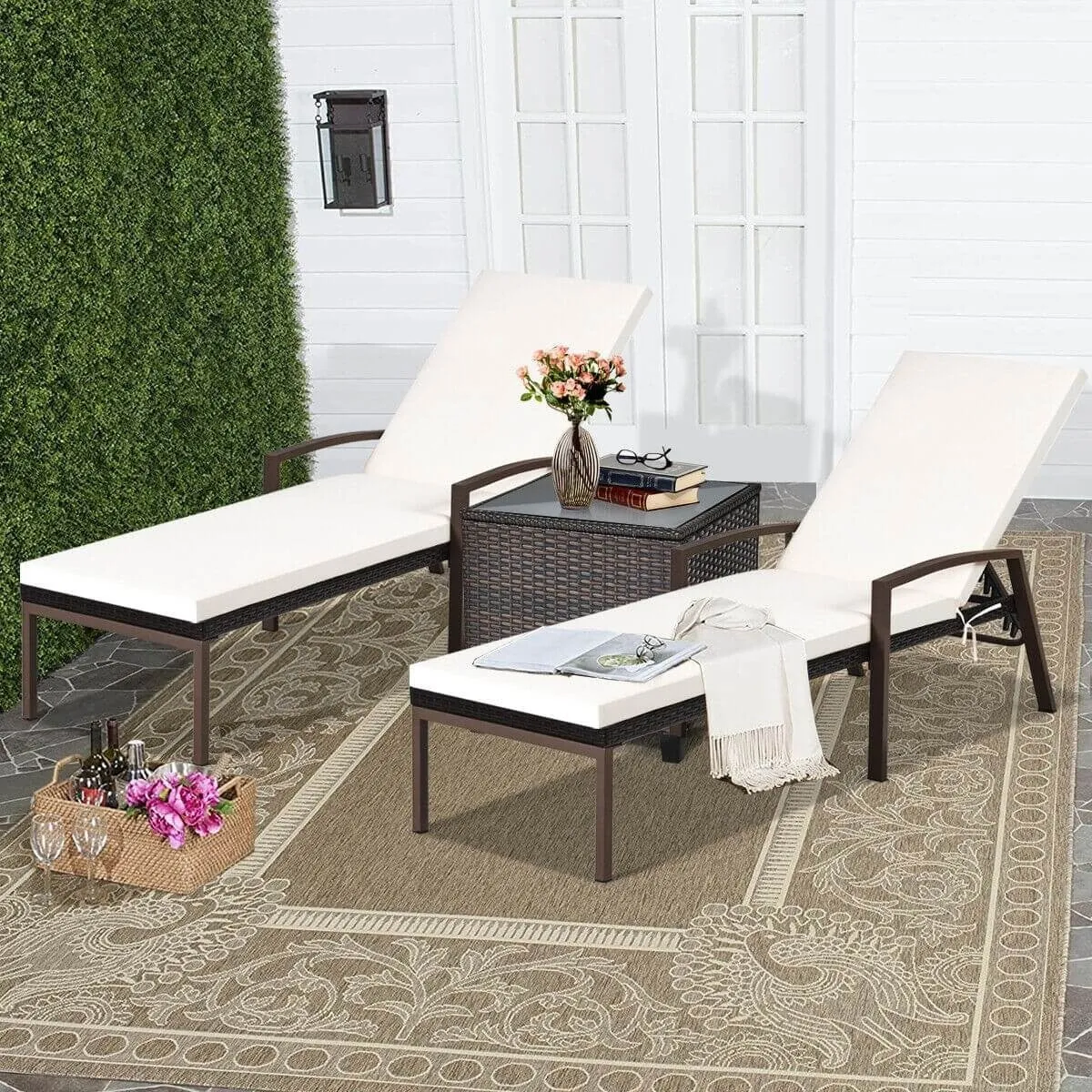 2pc Adjustable Wicker Rattan Patio Chaise Lounge Chair - White