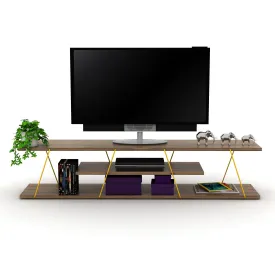 56 inch Mid Century Modern Tv Stand 4 Shelves Open Storage Metal Cords Entertainment Centre Low Tv Unit, Walnut/Yellow