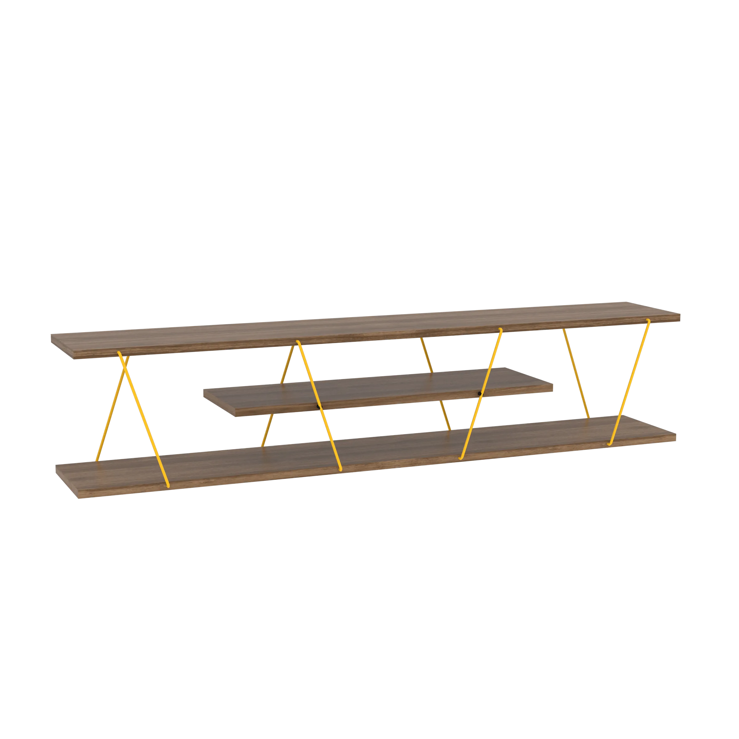 56 inch Mid Century Modern Tv Stand 4 Shelves Open Storage Metal Cords Entertainment Centre Low Tv Unit, Walnut/Yellow