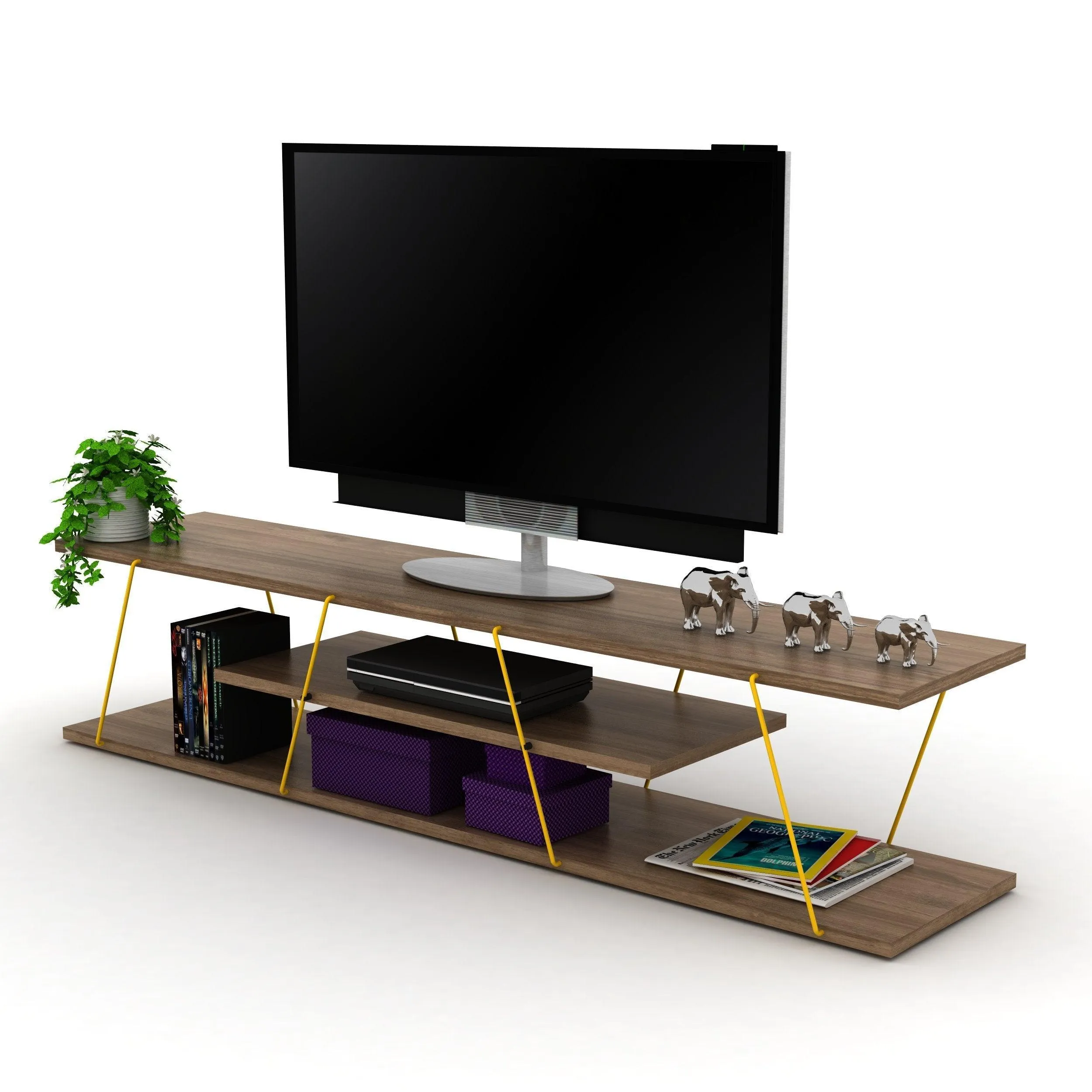 56 inch Mid Century Modern Tv Stand 4 Shelves Open Storage Metal Cords Entertainment Centre Low Tv Unit, Walnut/Yellow