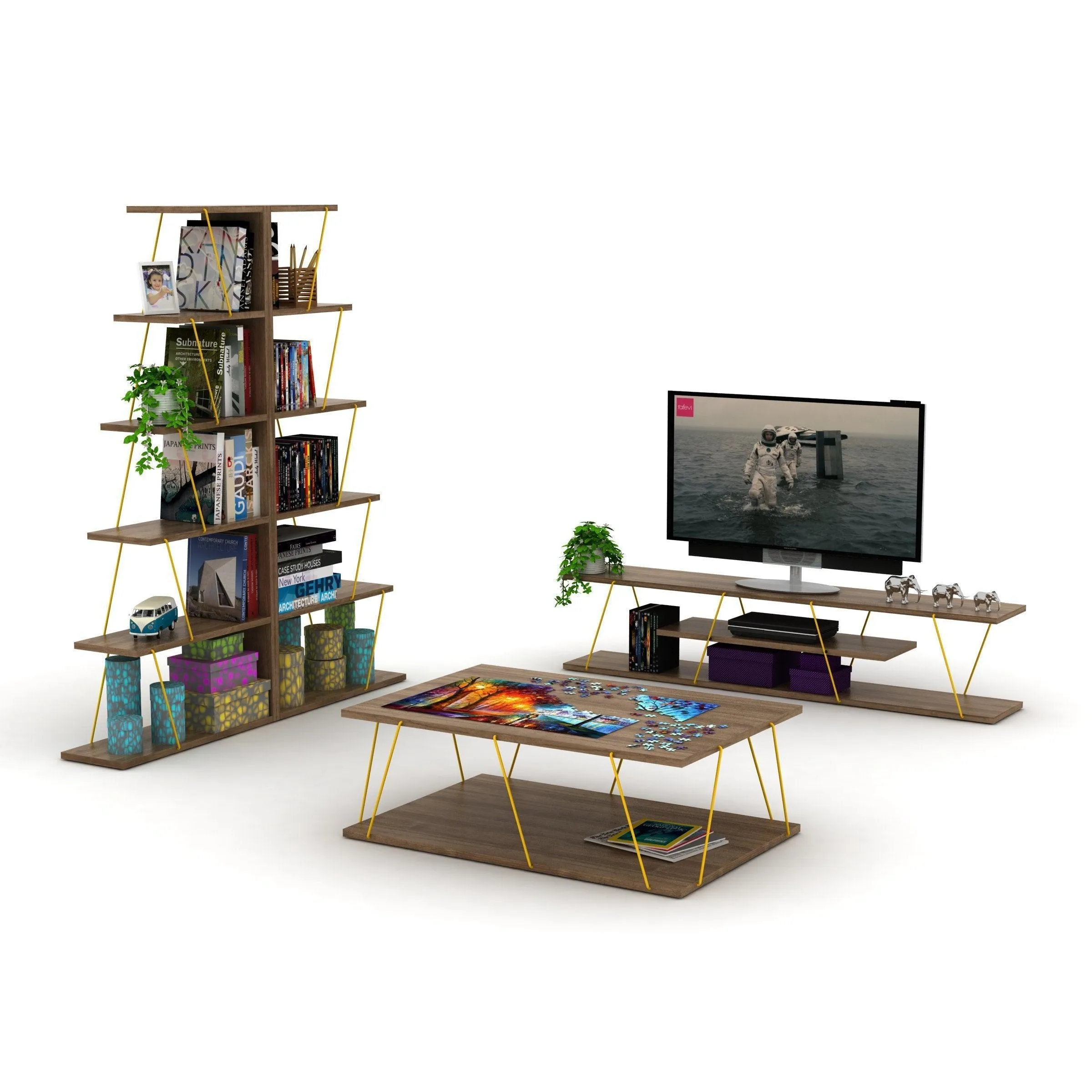 56 inch Mid Century Modern Tv Stand 4 Shelves Open Storage Metal Cords Entertainment Centre Low Tv Unit, Walnut/Yellow