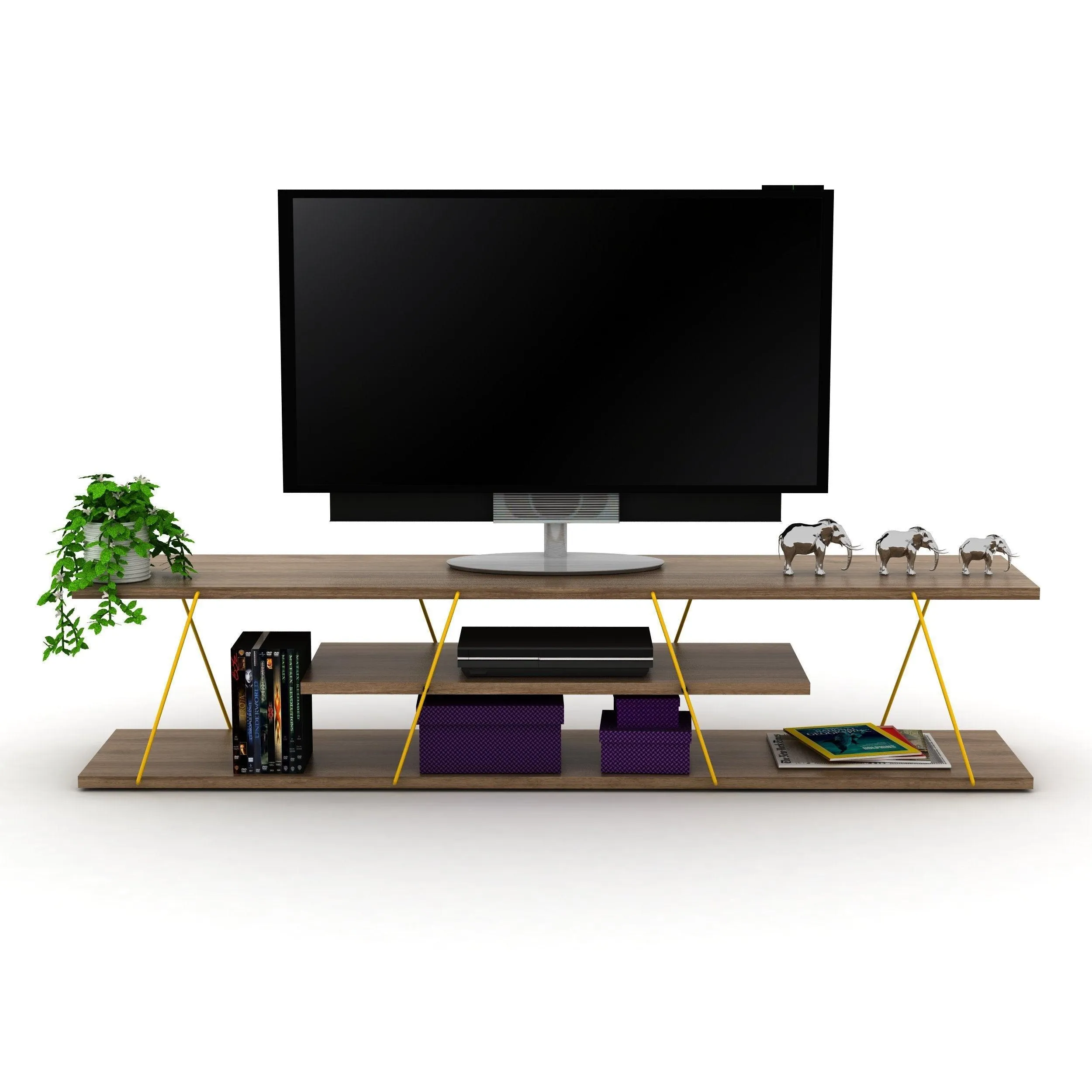 56 inch Mid Century Modern Tv Stand 4 Shelves Open Storage Metal Cords Entertainment Centre Low Tv Unit, Walnut/Yellow