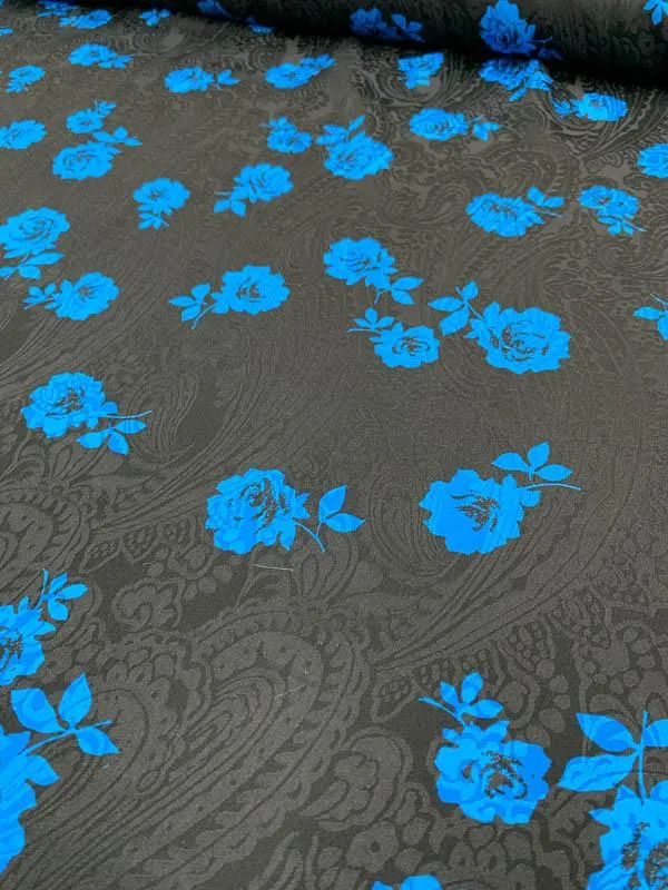 Abraham Vintage Floral Printed Paisley Silk Jacquard - Blue / Black