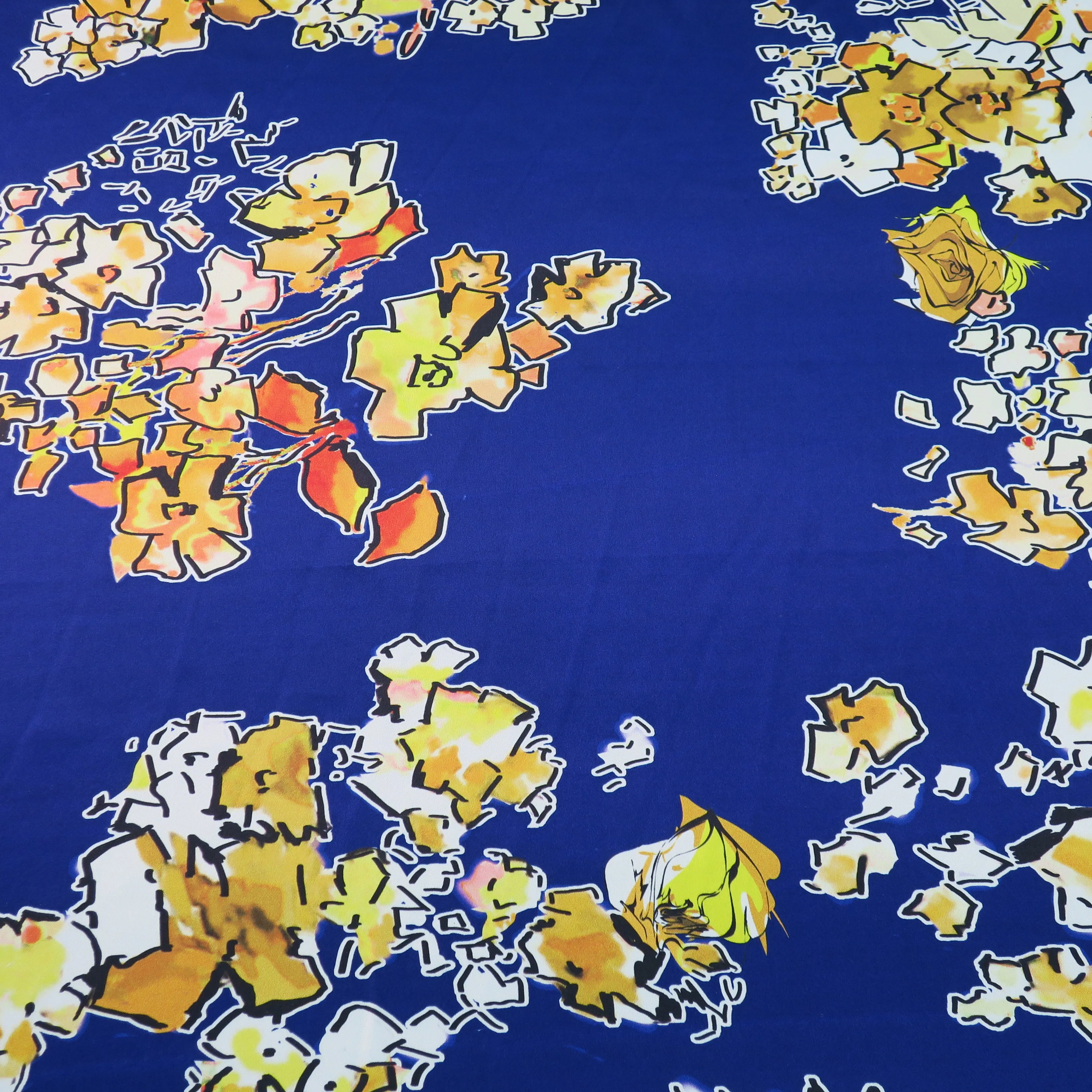 Abstract Floral Design on  Navy Ground Printed Silk Charmeuse Fabric