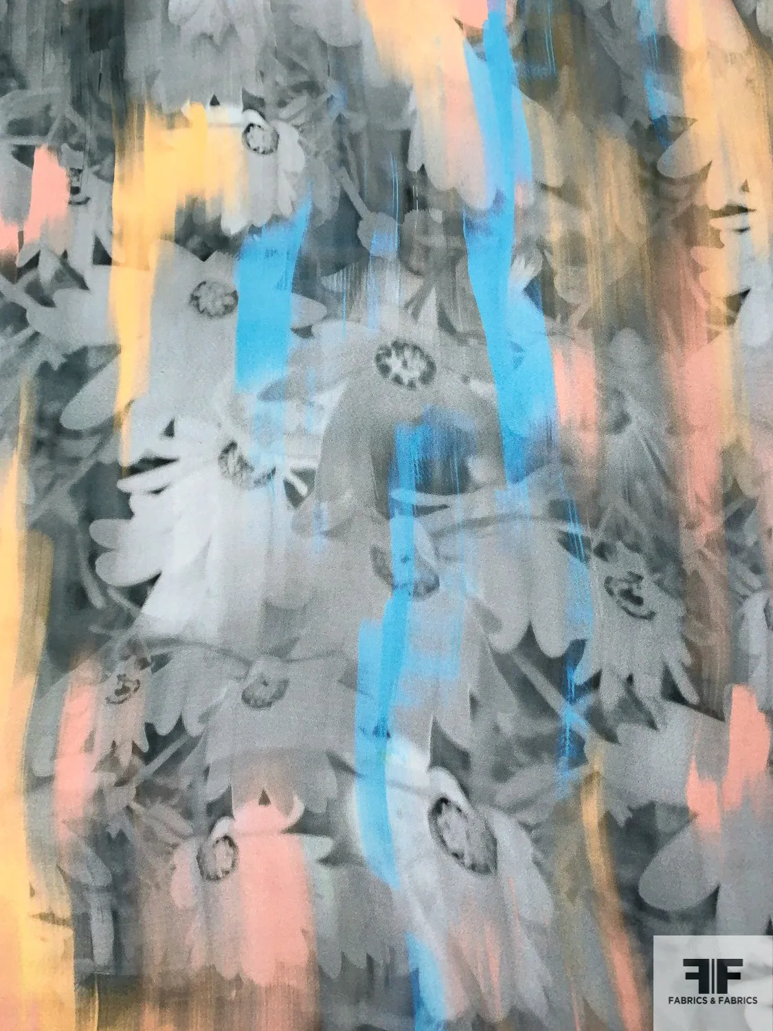 Abstract Hazy Floral Painterly Printed Silk Georgette - Summer Blue / Coral / Peach / Greys