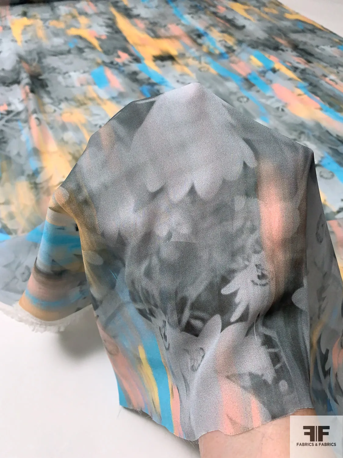 Abstract Hazy Floral Painterly Printed Silk Georgette - Summer Blue / Coral / Peach / Greys