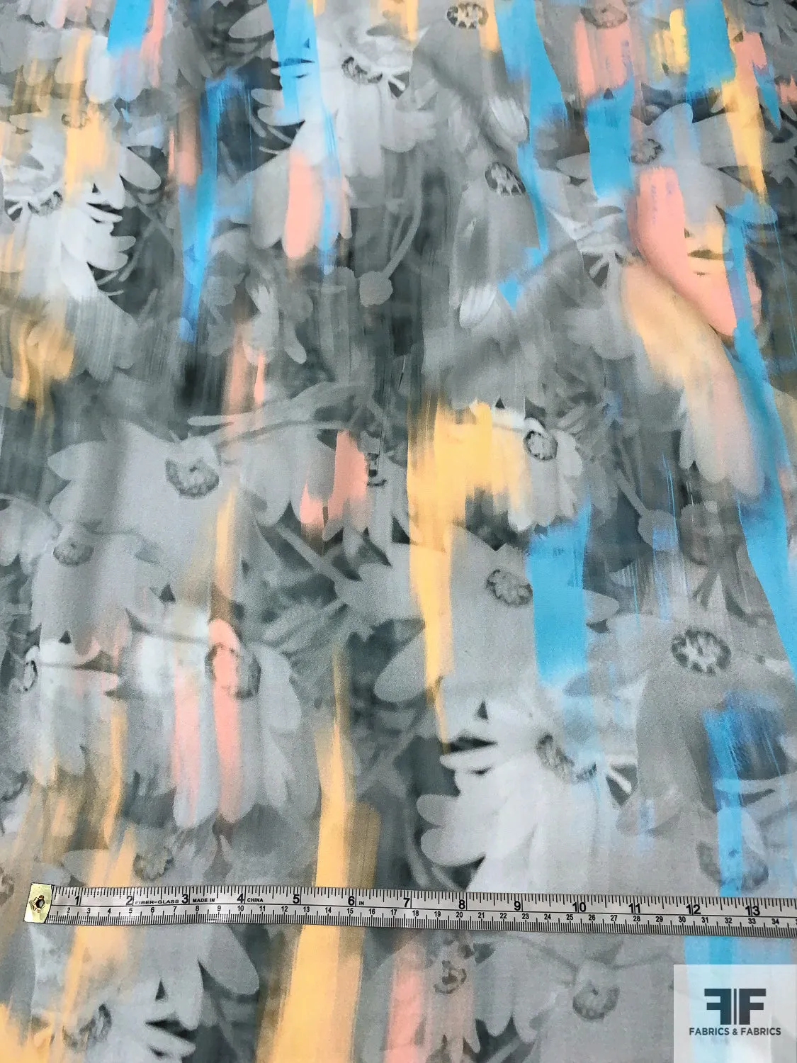Abstract Hazy Floral Painterly Printed Silk Georgette - Summer Blue / Coral / Peach / Greys