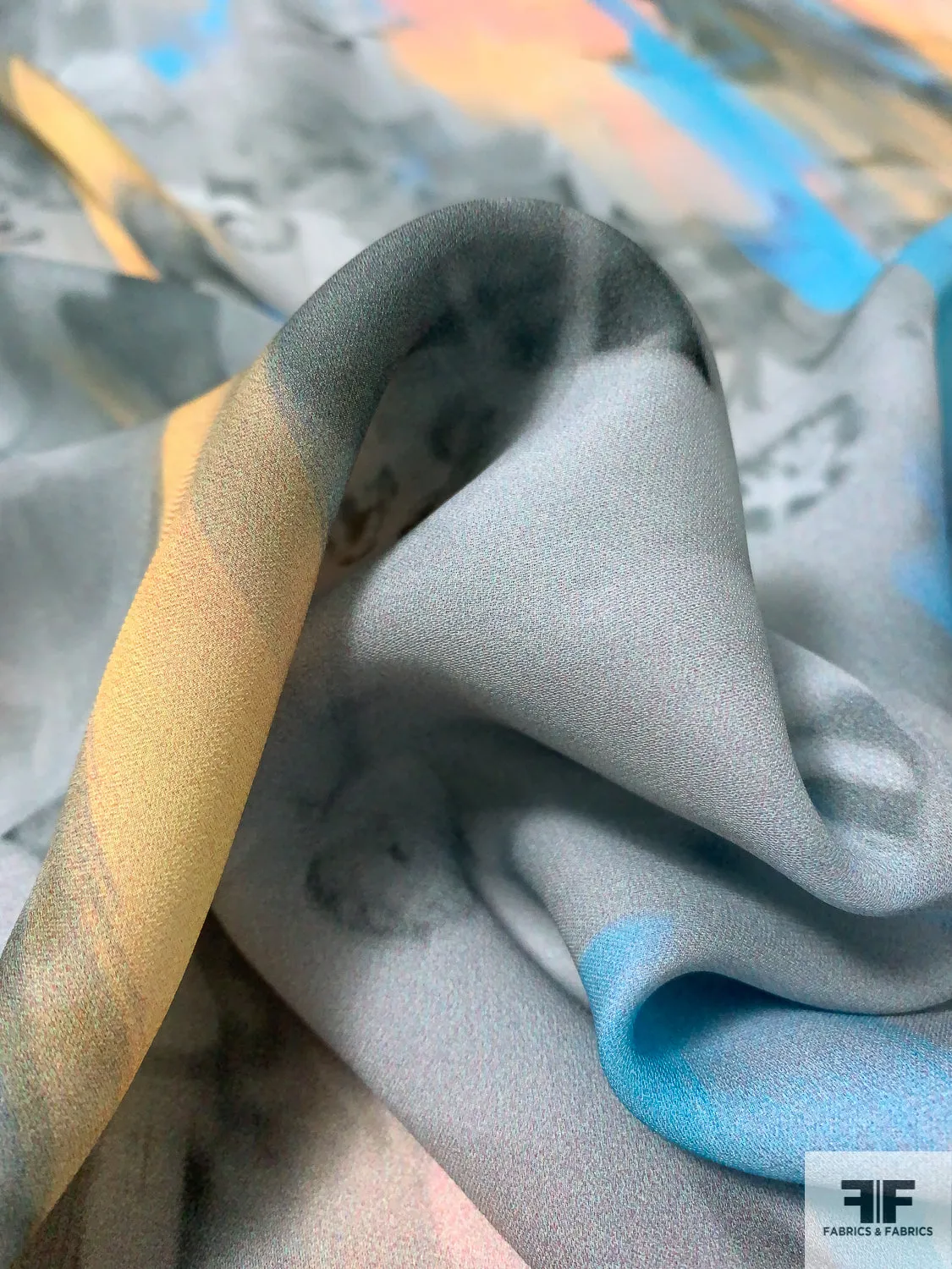Abstract Hazy Floral Painterly Printed Silk Georgette - Summer Blue / Coral / Peach / Greys