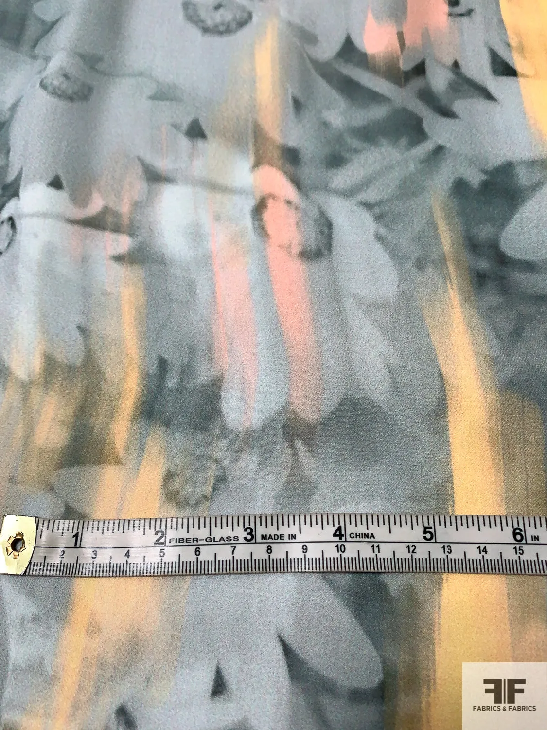 Abstract Hazy Floral Painterly Printed Silk Georgette - Summer Blue / Coral / Peach / Greys
