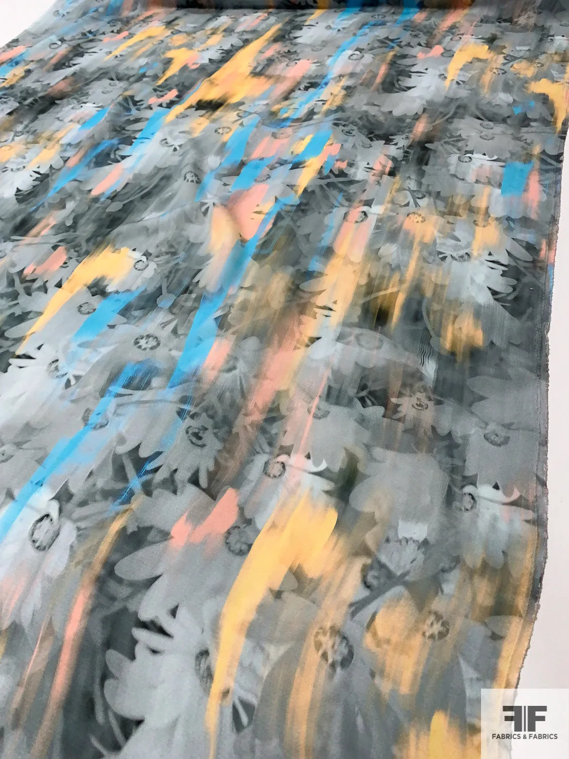 Abstract Hazy Floral Painterly Printed Silk Georgette - Summer Blue / Coral / Peach / Greys
