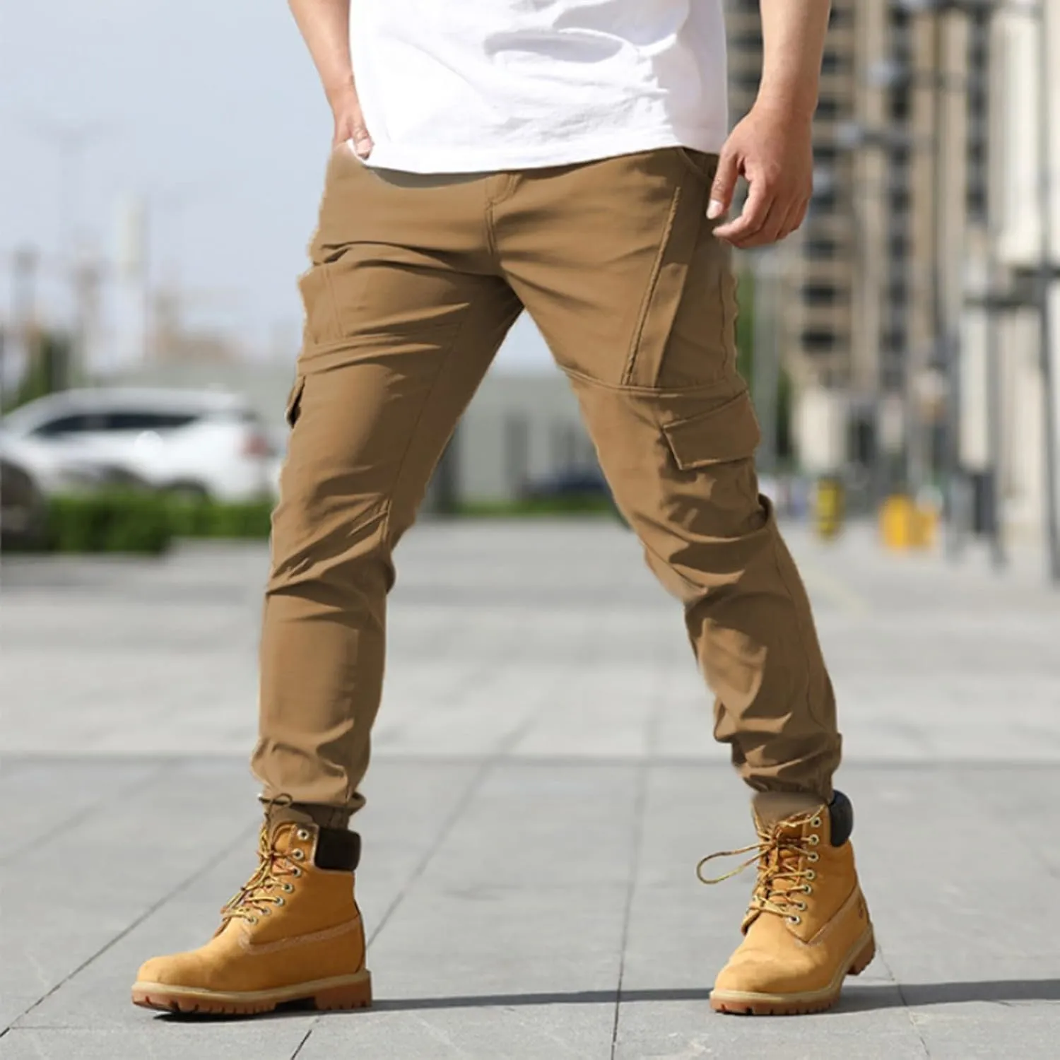ADHOWBEW Tactical Pants Men Work Big and Tall Hiking Pockets Elastic Waist Relaxed Fit Joggers