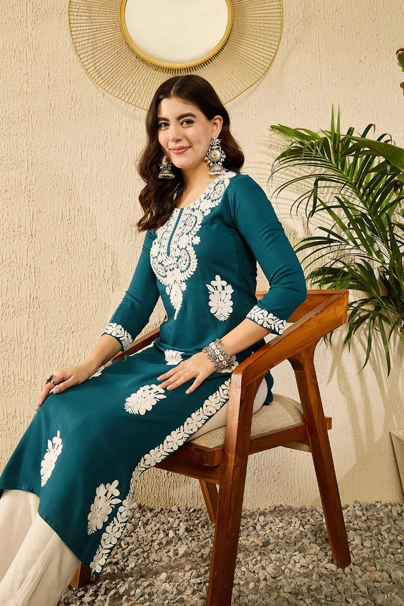 Ahika Women Blue Viscose Rayon Solid Embroidered Straight Kurta-VCK9784