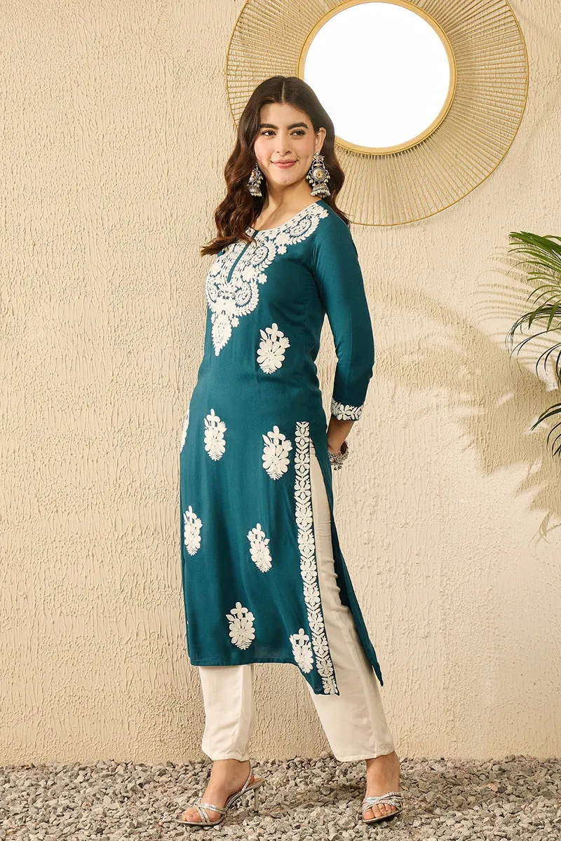 Ahika Women Blue Viscose Rayon Solid Embroidered Straight Kurta-VCK9784