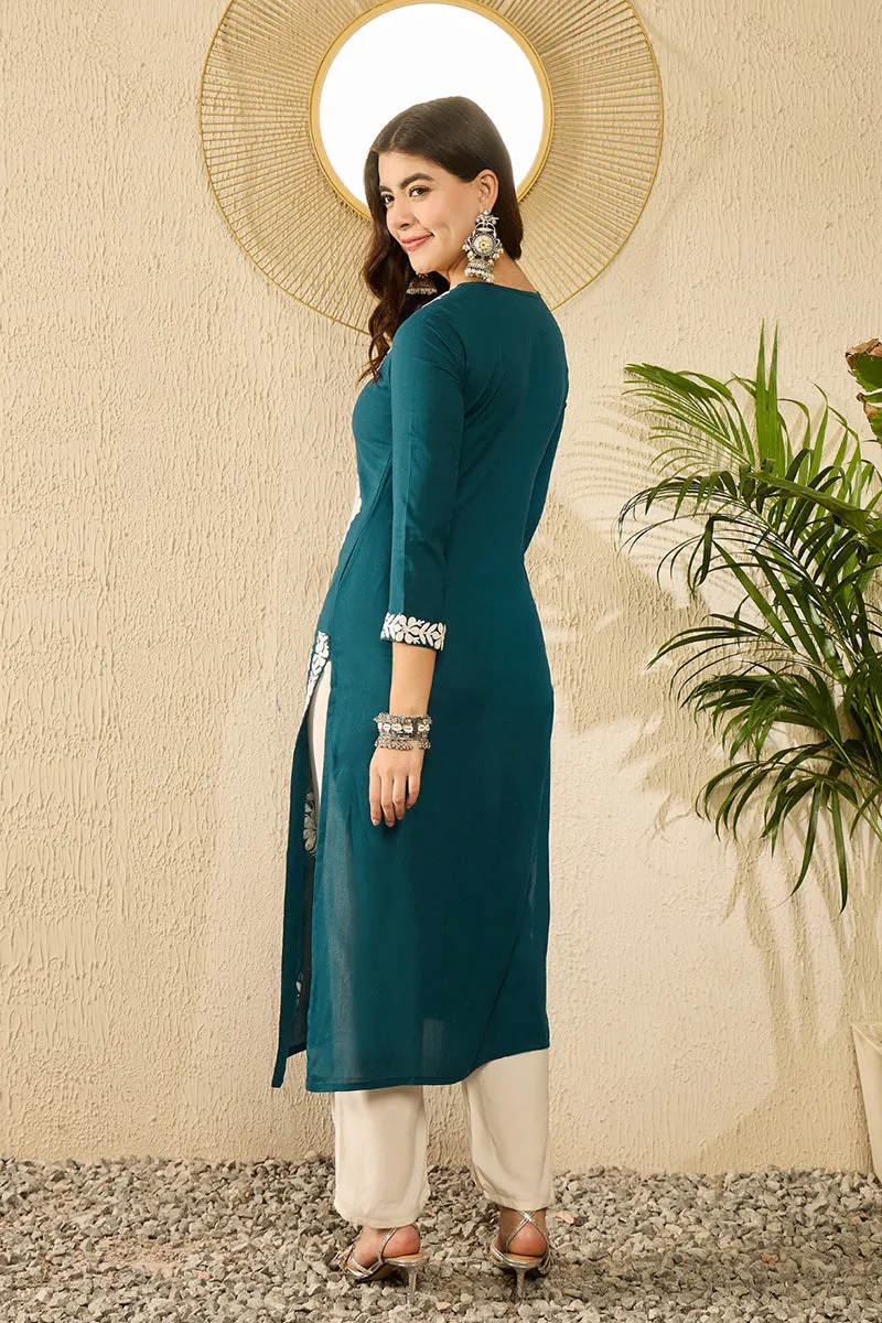 Ahika Women Blue Viscose Rayon Solid Embroidered Straight Kurta-VCK9784