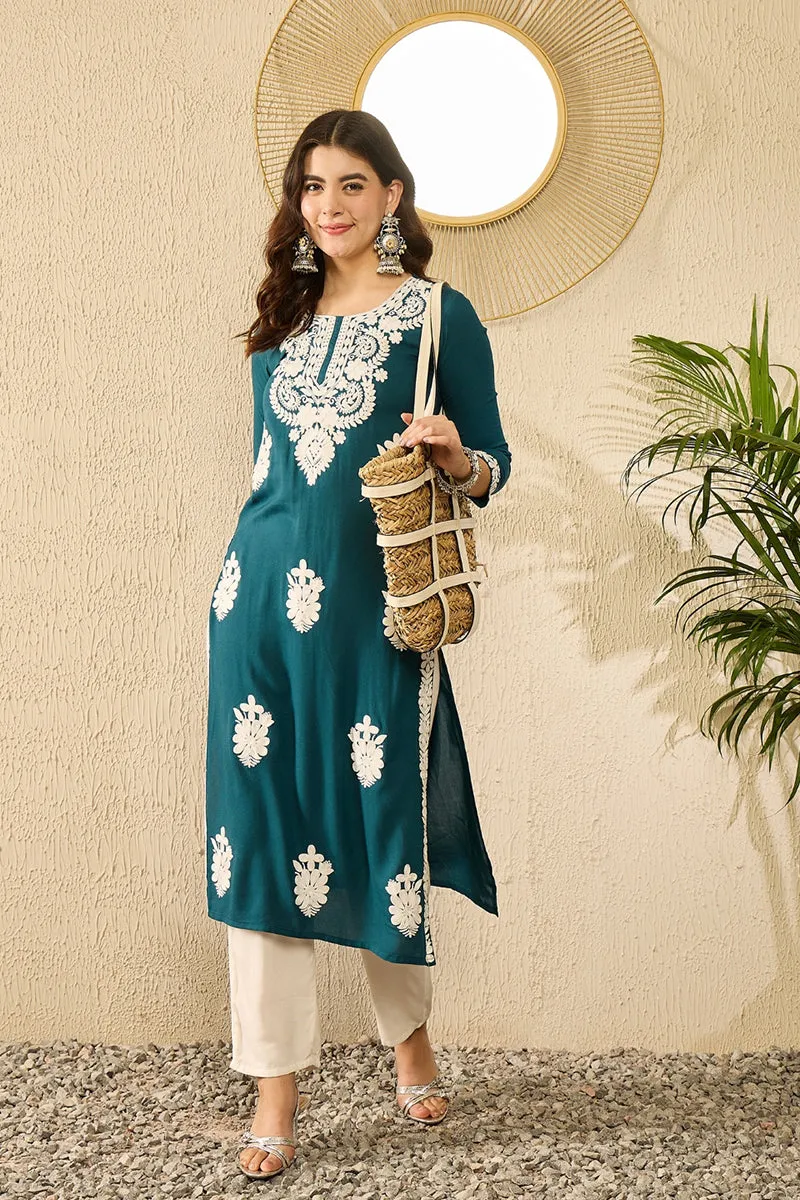 Ahika Women Blue Viscose Rayon Solid Embroidered Straight Kurta-VCK9784