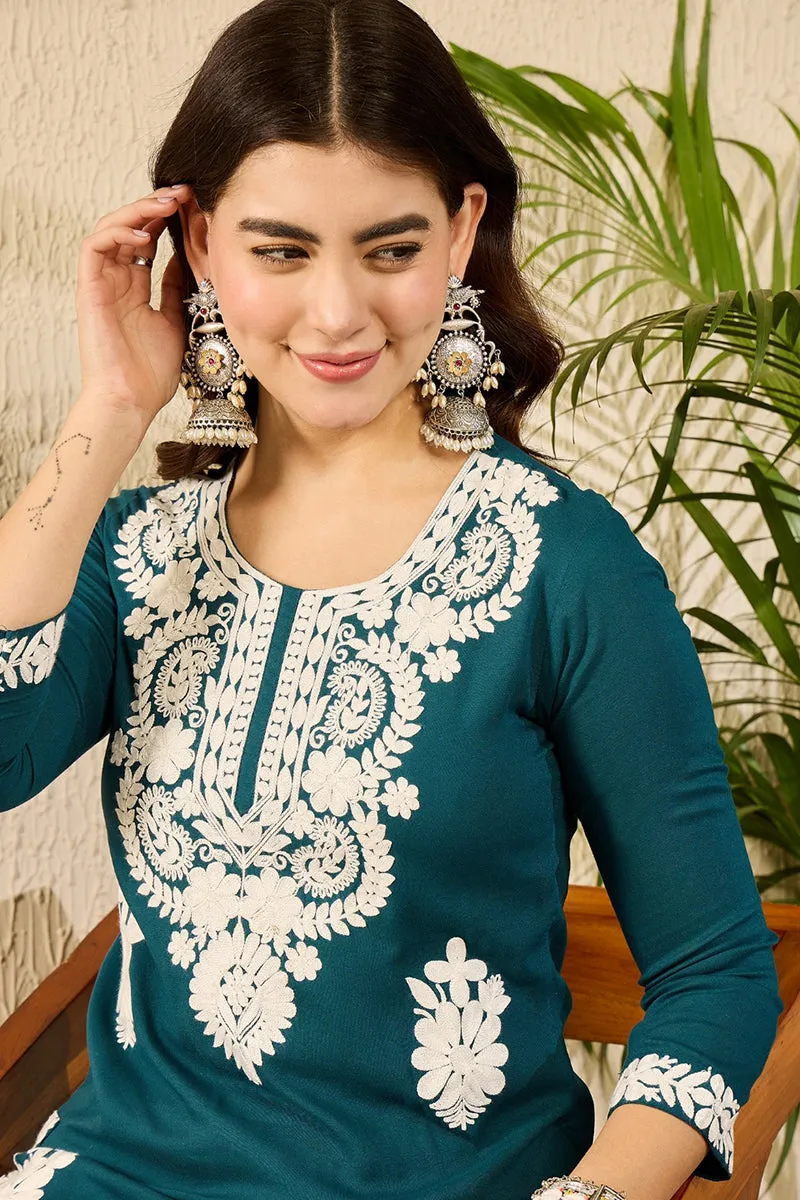 Ahika Women Blue Viscose Rayon Solid Embroidered Straight Kurta-VCK9784