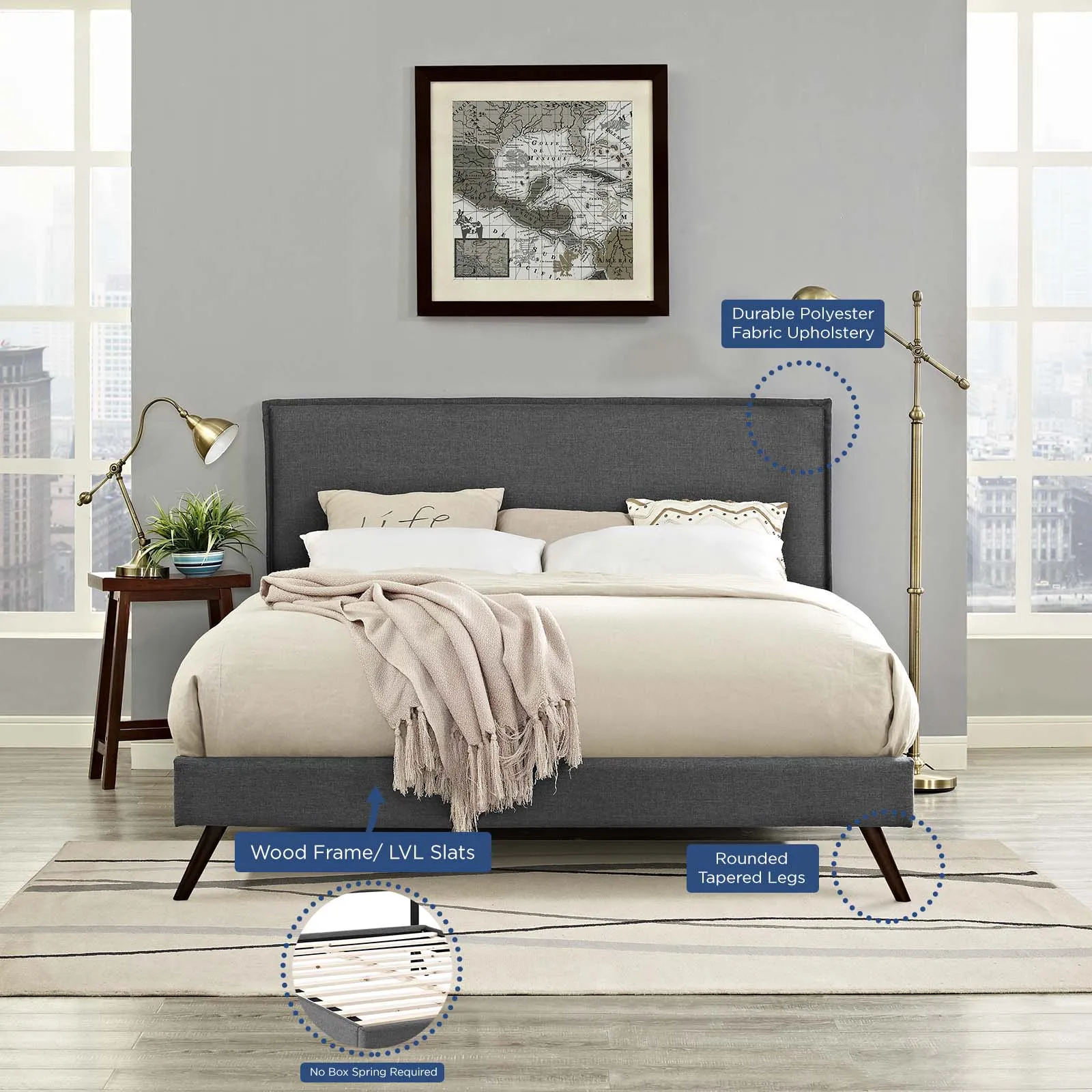 Amaris Fabric Platform Bed with Round Splayed Legs by Modway