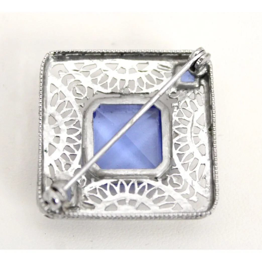 Antique Art Deco Brooch 1920s Square Pin Blue Glass White Metal Filigree 1 3/8" Cloche Pin