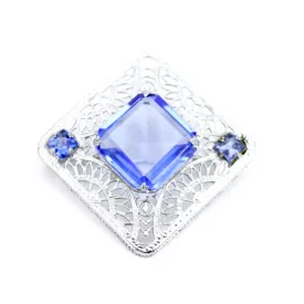 Antique Art Deco Brooch 1920s Square Pin Blue Glass White Metal Filigree 1 3/8" Cloche Pin