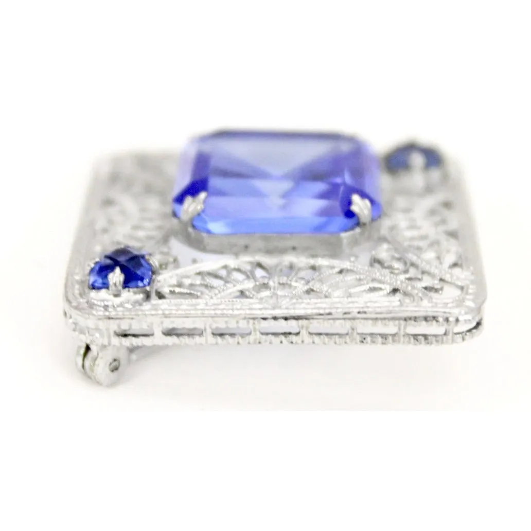 Antique Art Deco Brooch 1920s Square Pin Blue Glass White Metal Filigree 1 3/8" Cloche Pin