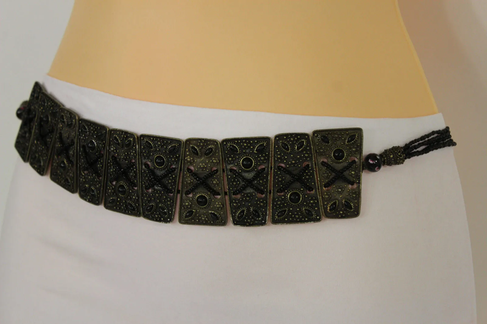 Antique Gold Plates Vintage Japan Brown Red Multi Beads Belt S M L