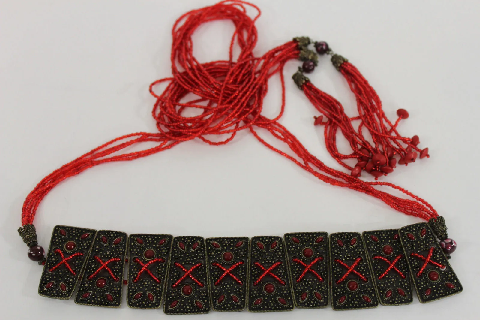 Antique Gold Plates Vintage Japan Brown Red Multi Beads Belt S M L
