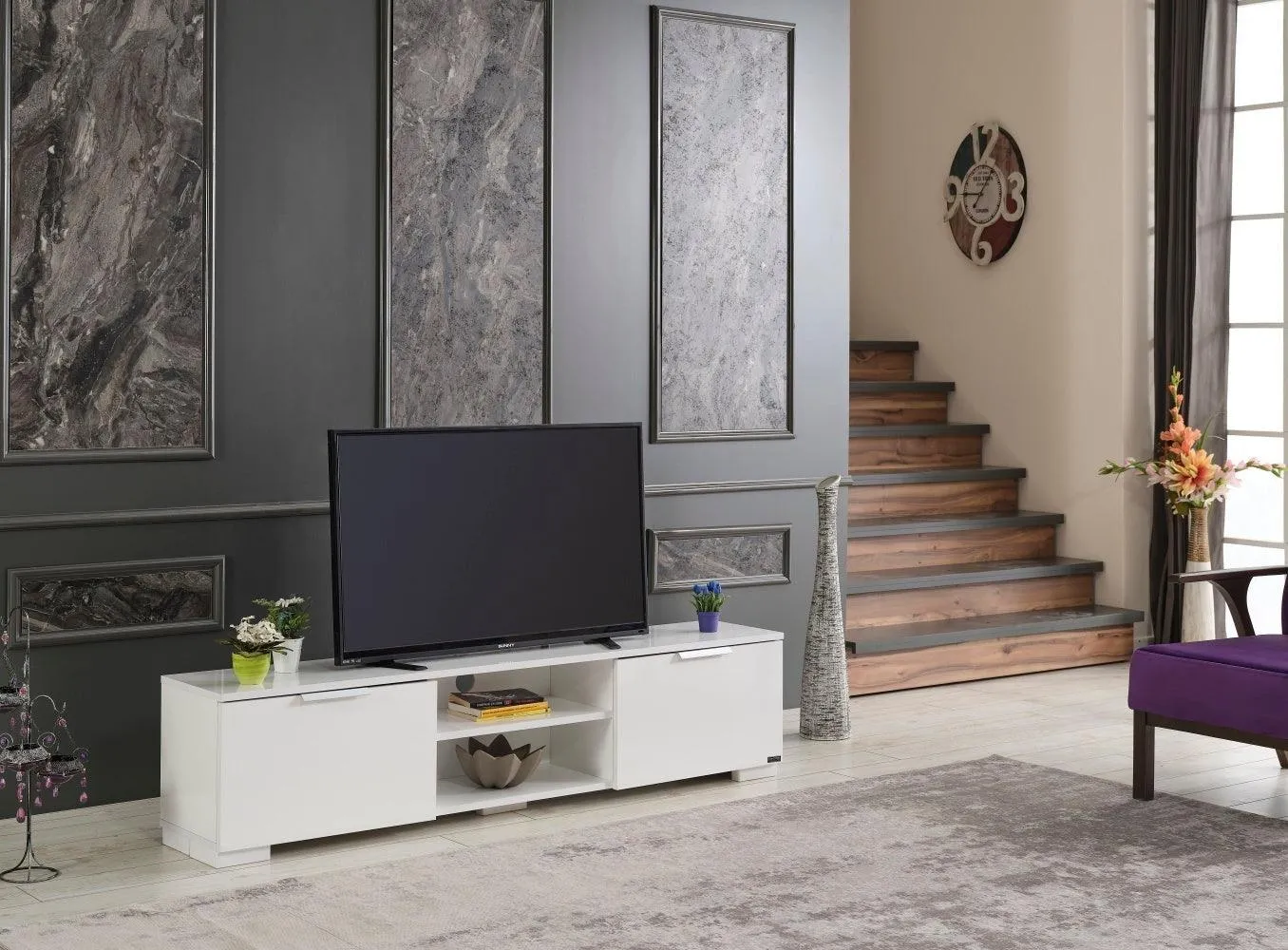 April Mid-Century TV Stand, 2 Doors, 2 Shelves, 66" Unit, White
