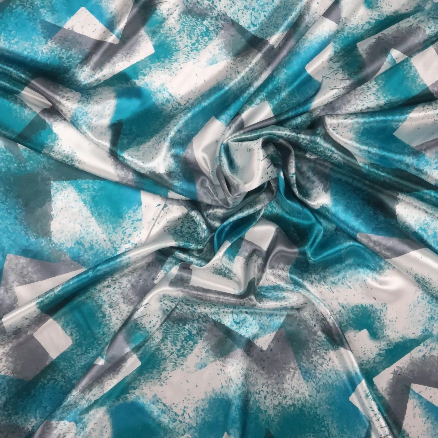 Aqua and White Painting Like Shades Abstract Charmeuse Polyester Fabric