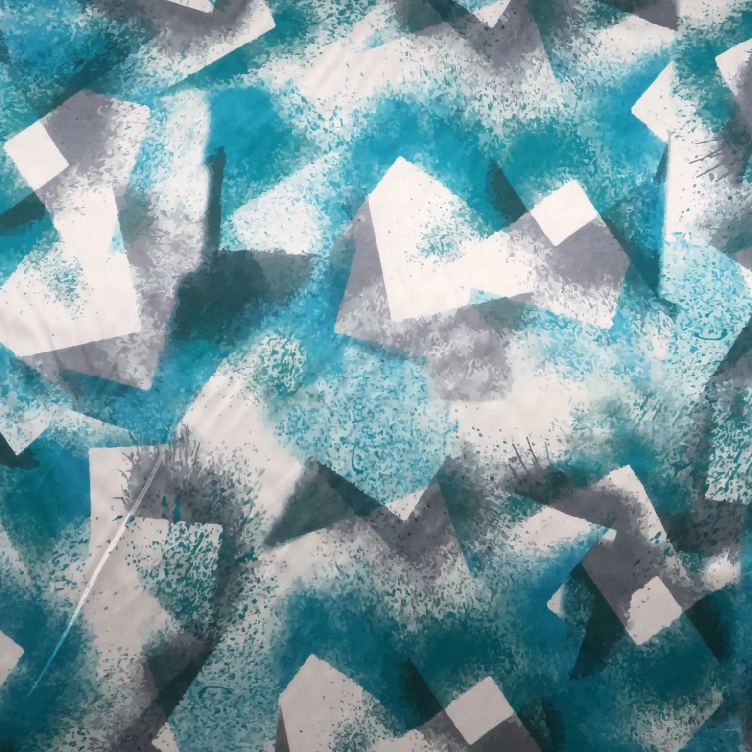 Aqua and White Painting Like Shades Abstract Charmeuse Polyester Fabric