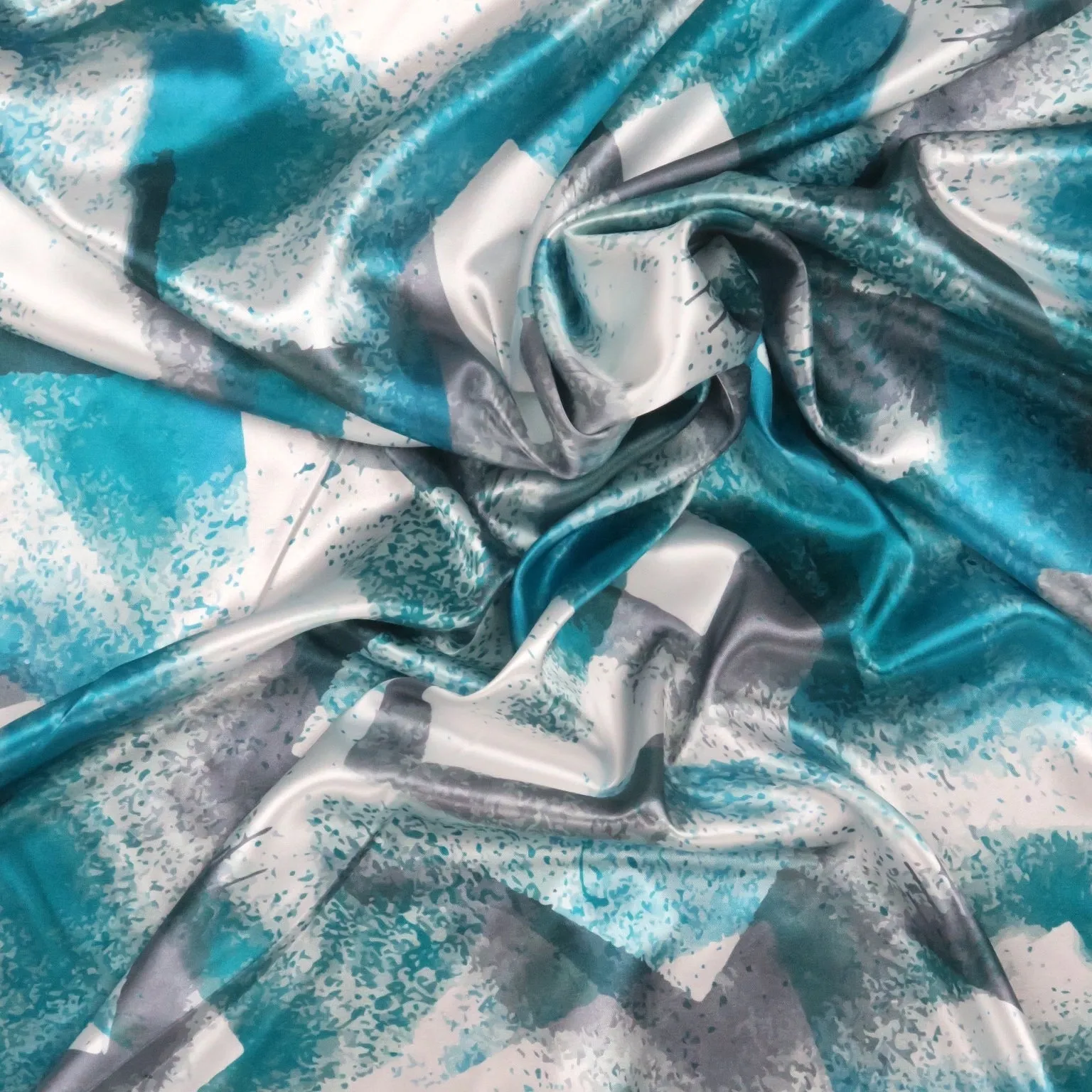 Aqua and White Painting Like Shades Abstract Charmeuse Polyester Fabric